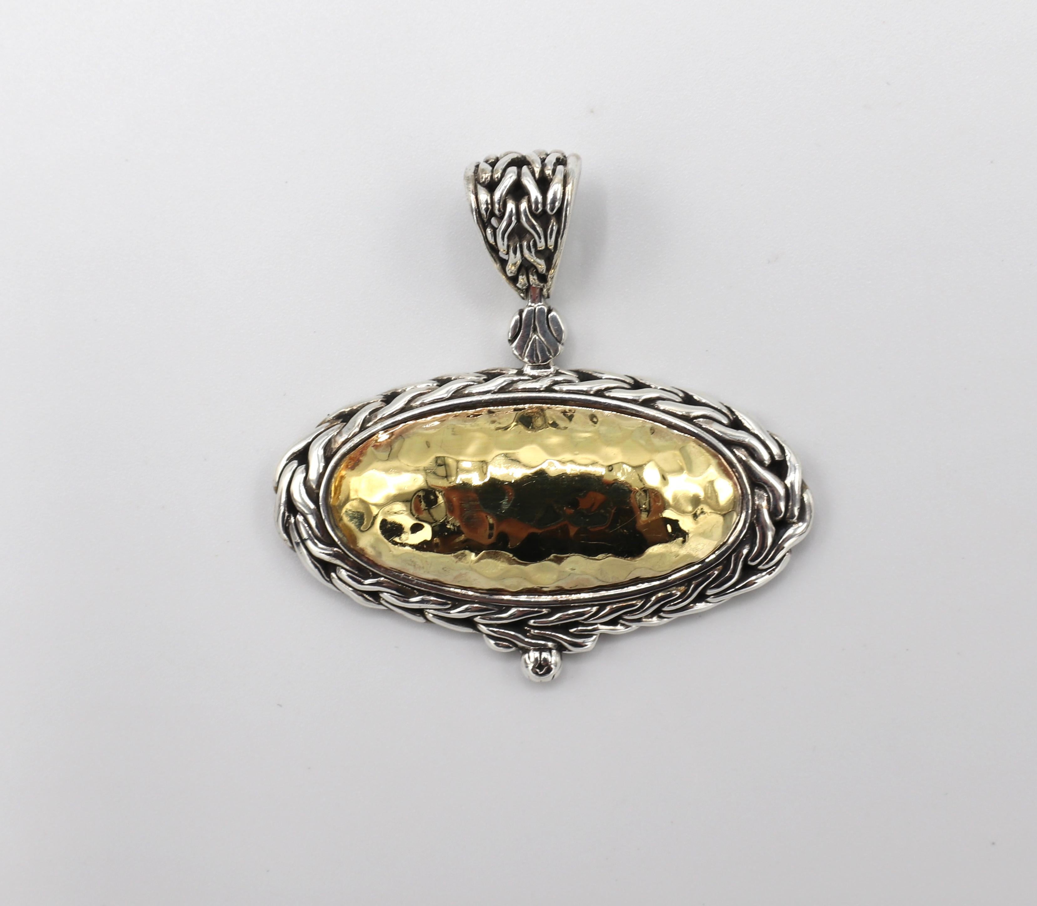 John Hardy Palu Oval Sterling Silver and 22 Karat Gold Hammered Pendant In Good Condition In  Baltimore, MD