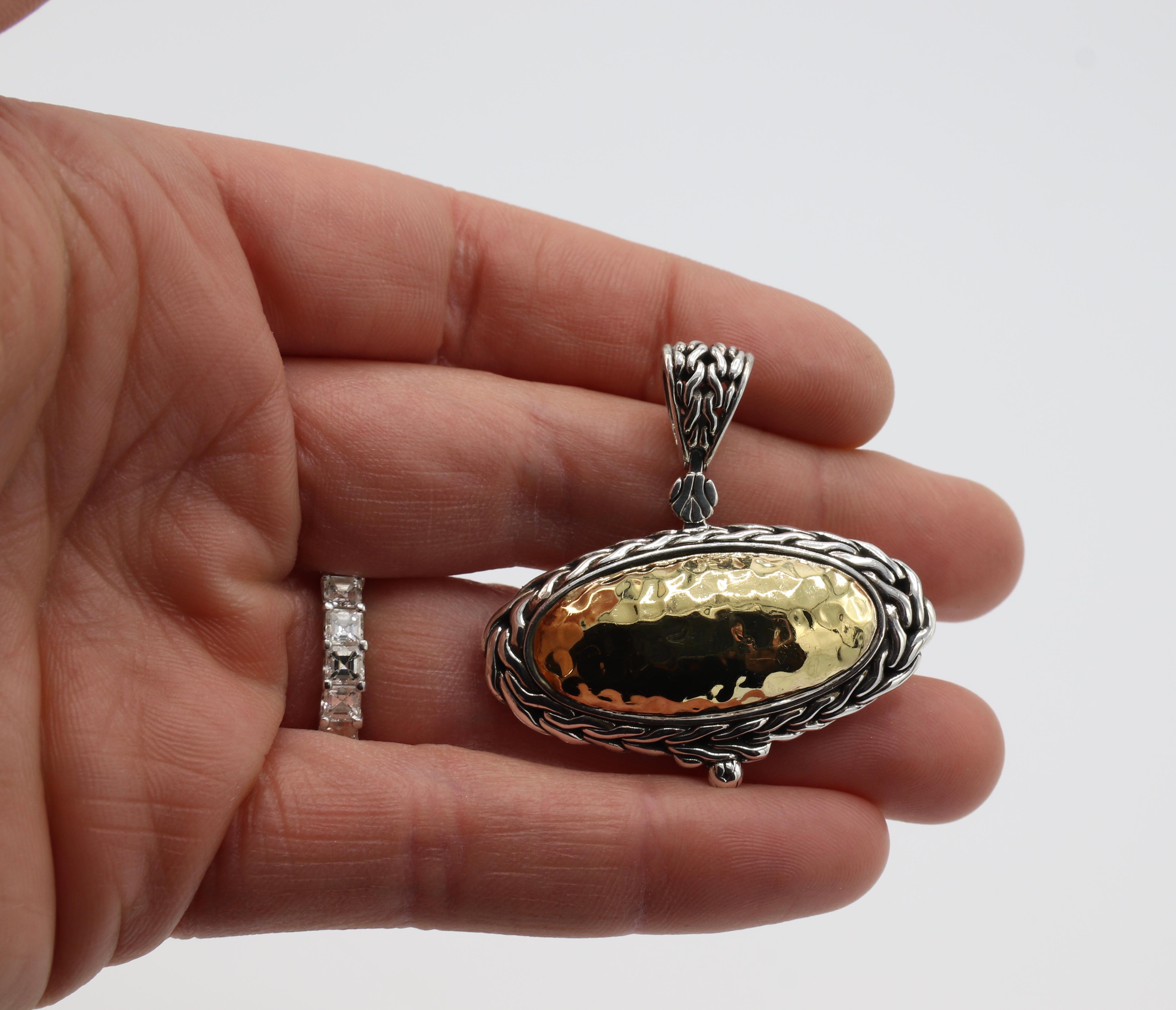 Women's or Men's John Hardy Palu Oval Sterling Silver and 22 Karat Gold Hammered Pendant