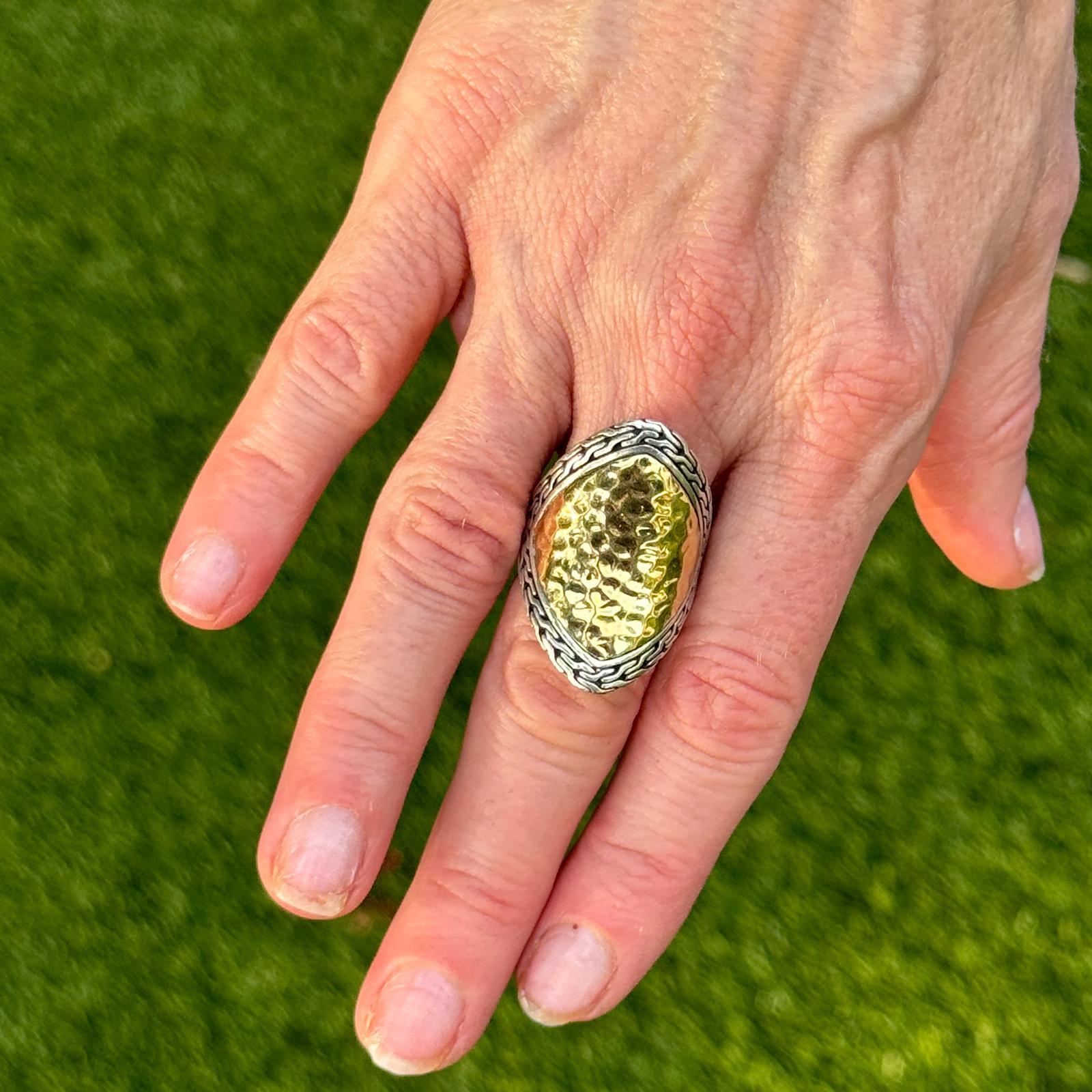 Women's John Hardy Palu Saddle Hammered SS 18 Karat Yellow Gold Modern Ring Size 7