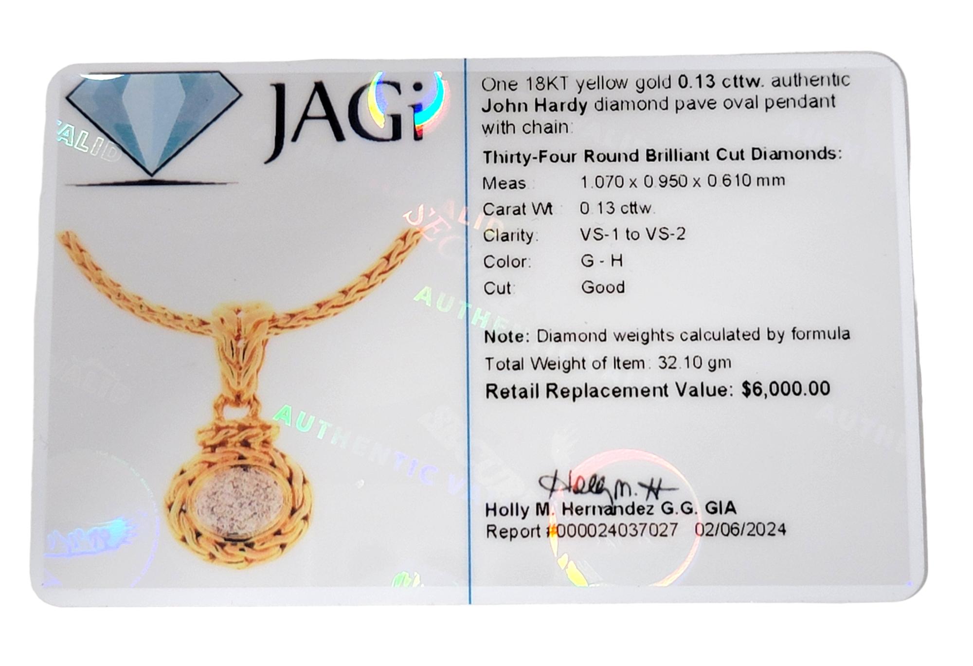 John Hardy, collier pendentif ovale pavé de diamants avec chaîne en or jaune 18 carats en vente 5