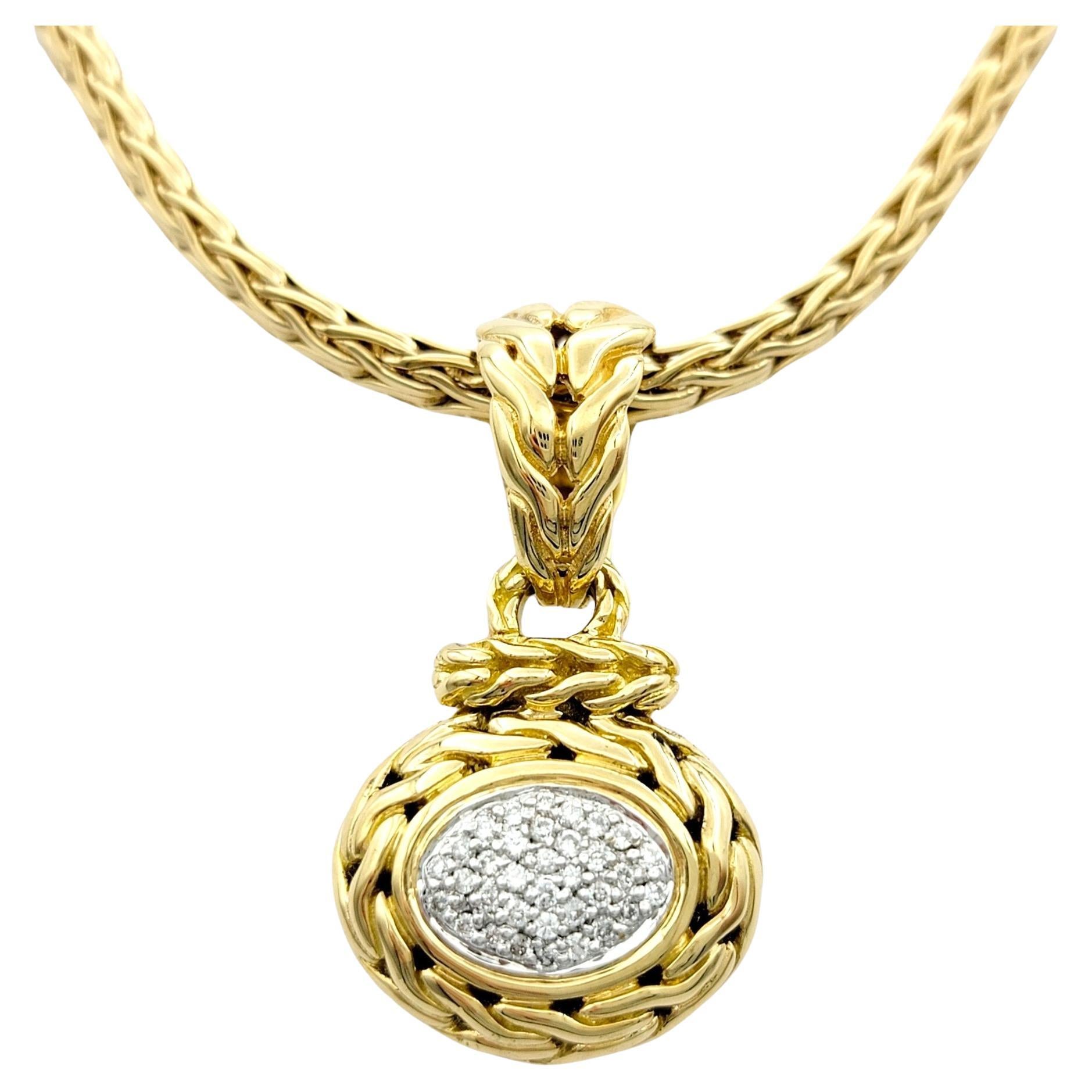 John Hardy Pave Diamond Oval Pendant Necklace with Chain in 18 Karat Yellow Gold For Sale