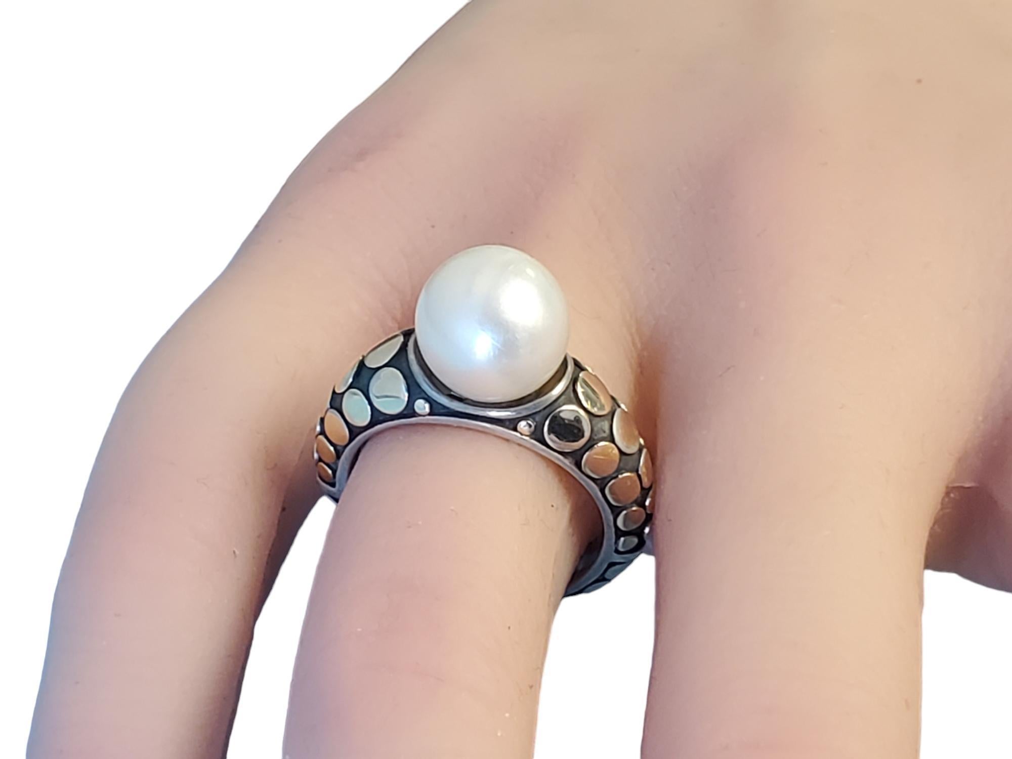 Round Cut John Hardy Pearl Ring Sterling Silver 18k Yellow Gold Dot Pattern Design For Sale