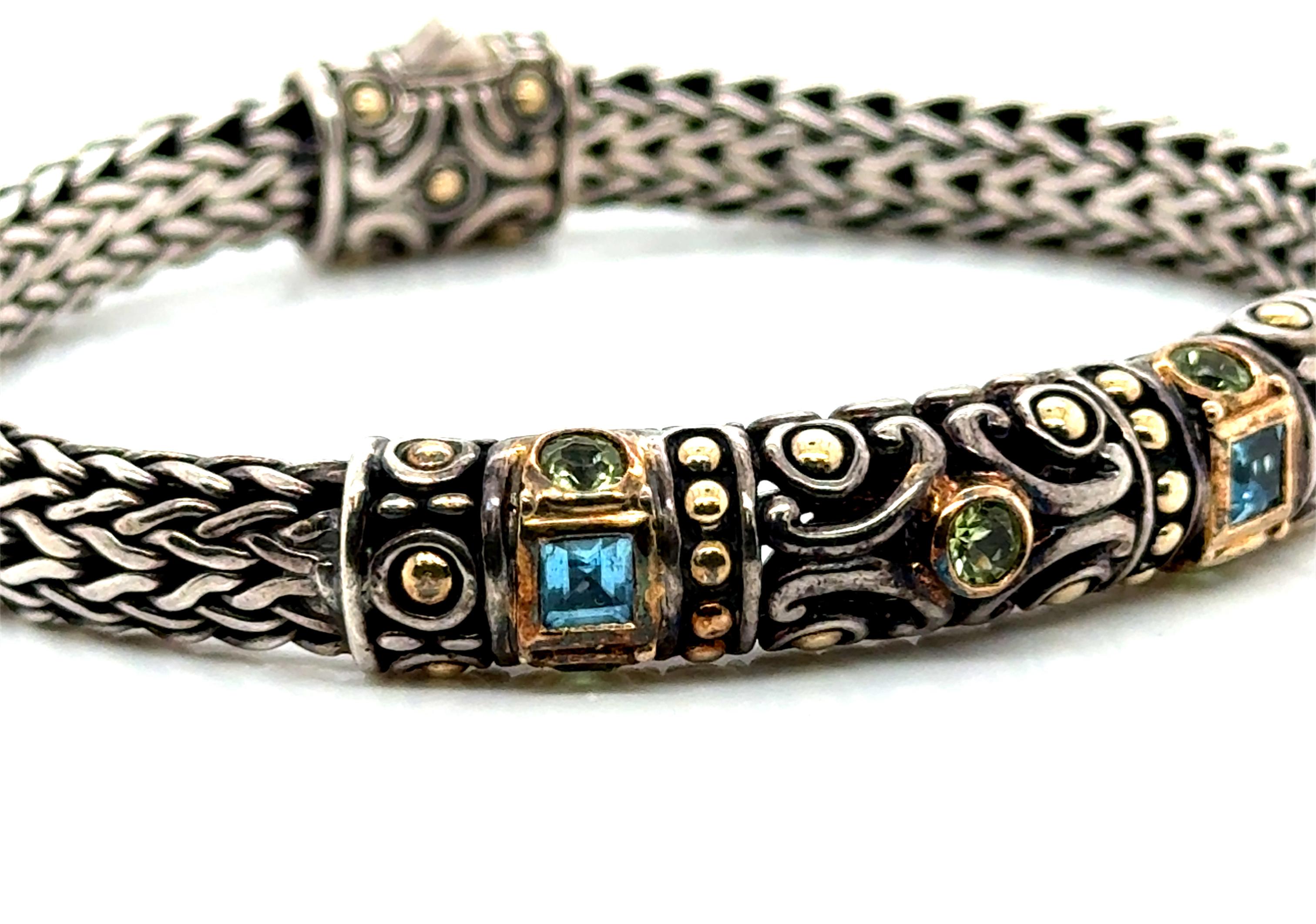 Square Cut John Hardy Peridot and Topaz Bracelet Sterling Silver 18K Yellow Gold 6.5 Inch