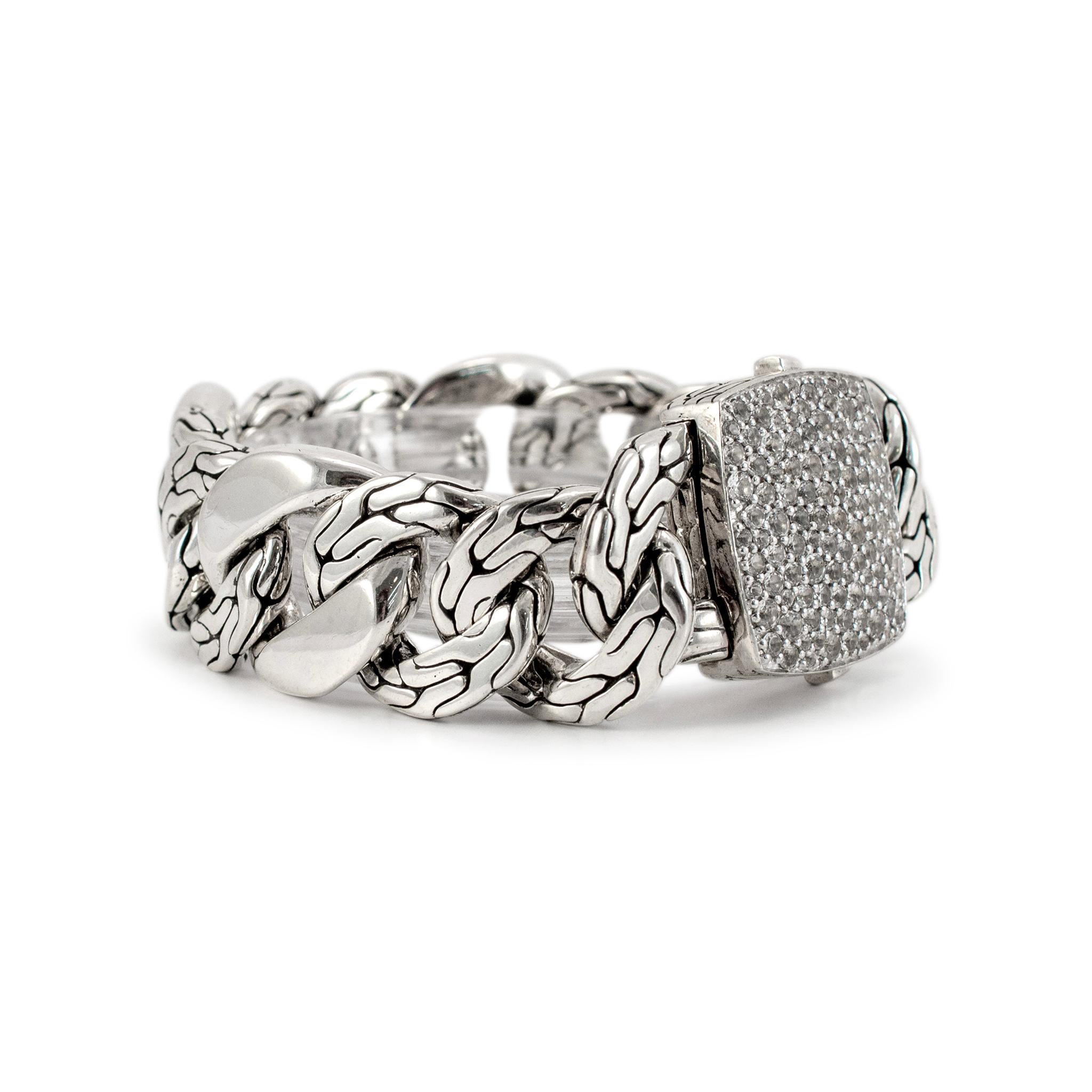 John Hardy Retired 925 Sterlingsilber Weißer Topas Lava Feuer Breites Gliederarmband (Rundschliff)