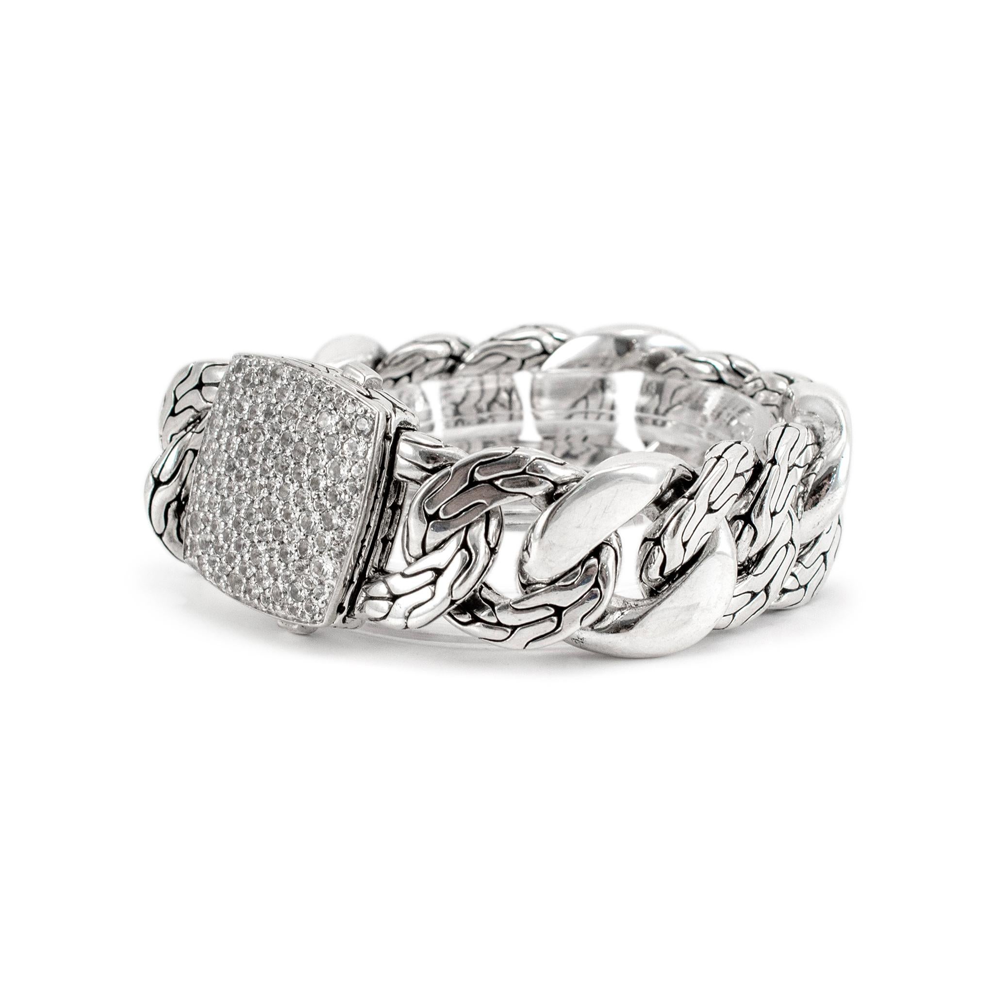 John Hardy Retired 925 Sterlingsilber Weißer Topas Lava Feuer Breites Gliederarmband im Zustand „Hervorragend“ in Houston, TX