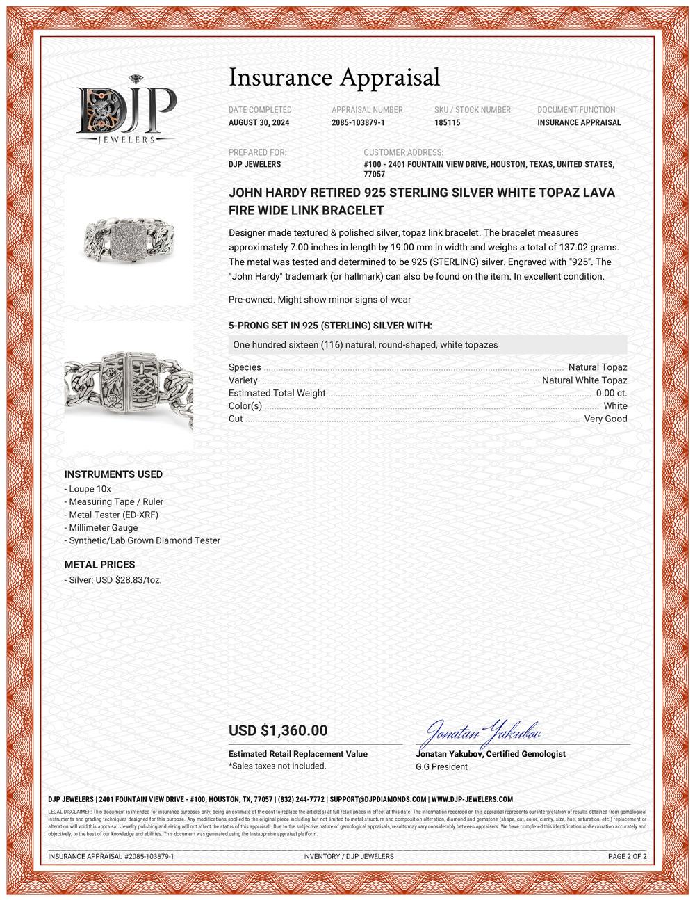 John Hardy Retired 925 Sterlingsilber Weißer Topas Lava Feuer Breites Gliederarmband 2