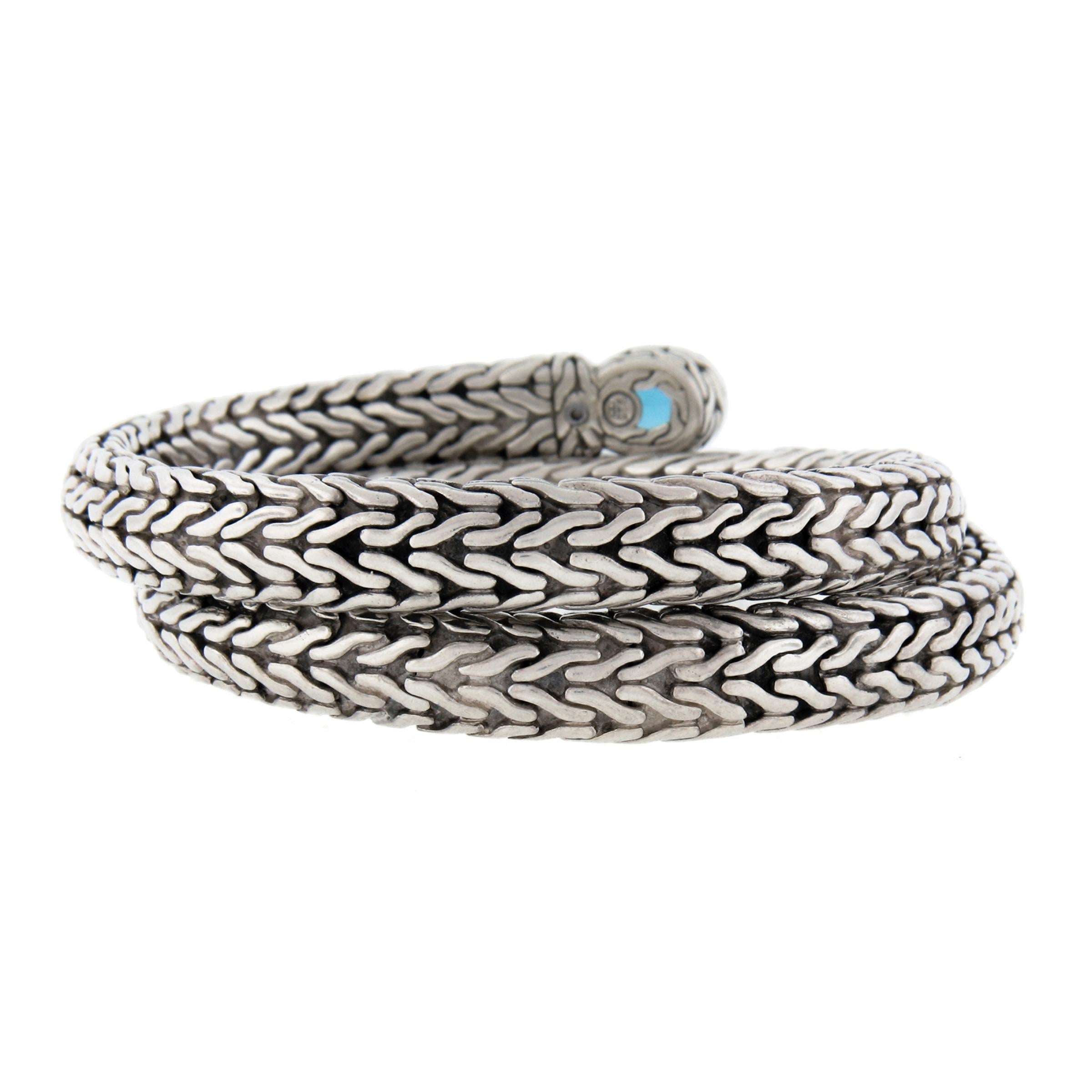 Oval Cut John Hardy Silver 26.1mm Coil Flexible Bypass Wheat Link Bracelet w/ Blue Topaz
