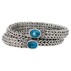 John Hardy Silver 26.1mm Coil Flexible Bypass Wheat Link Bracelet w/ Blue Topaz