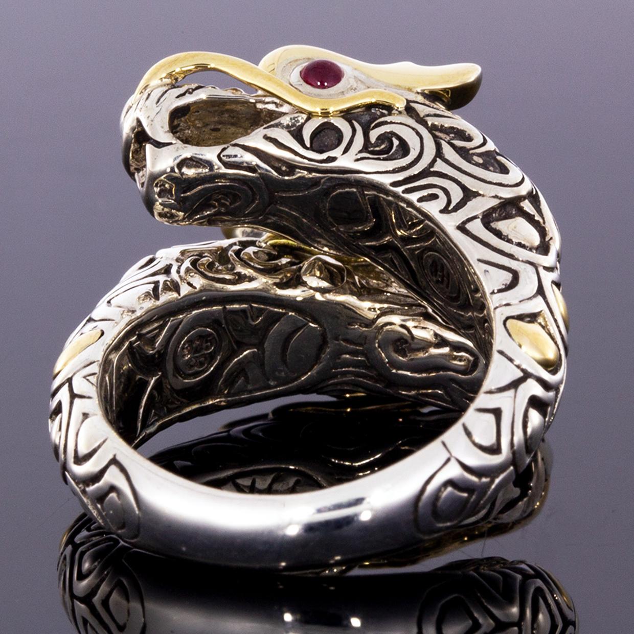 Item Details:
Estimated Retail - $1,495.00
Brand - John Hardy
Collection - Naga
Metal - 18K Yellow Gold & 925 Sterling Silver
Ring Size - 7.00
Sizable - Limited
Width - 16.50mm

Stone 1 Information:
Stone Type - Ruby
Stone Shape - Cabochon
Count -