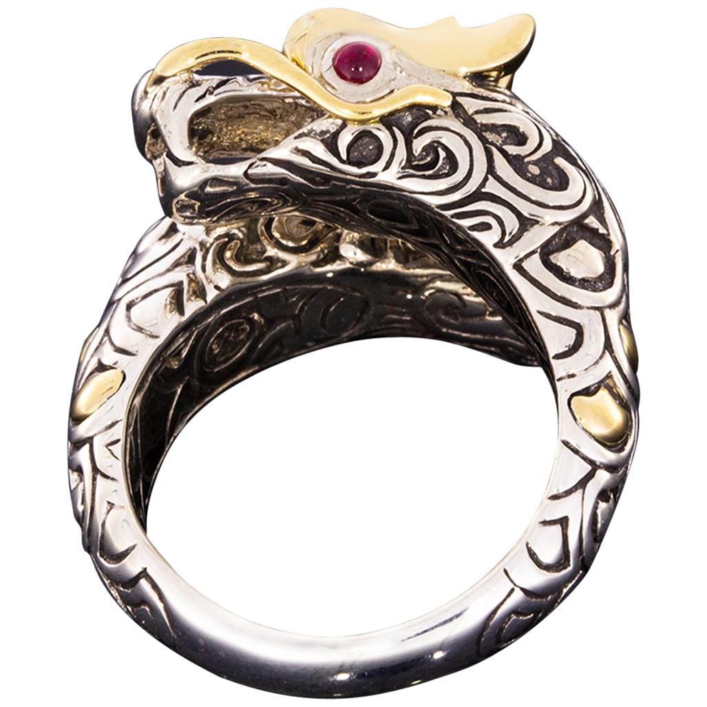 John Hardy Silver and Gold Naga Double Dragon Ring with Ruby 