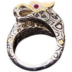 John Hardy Silver and Gold Naga Double Dragon Ring with Ruby Eyes