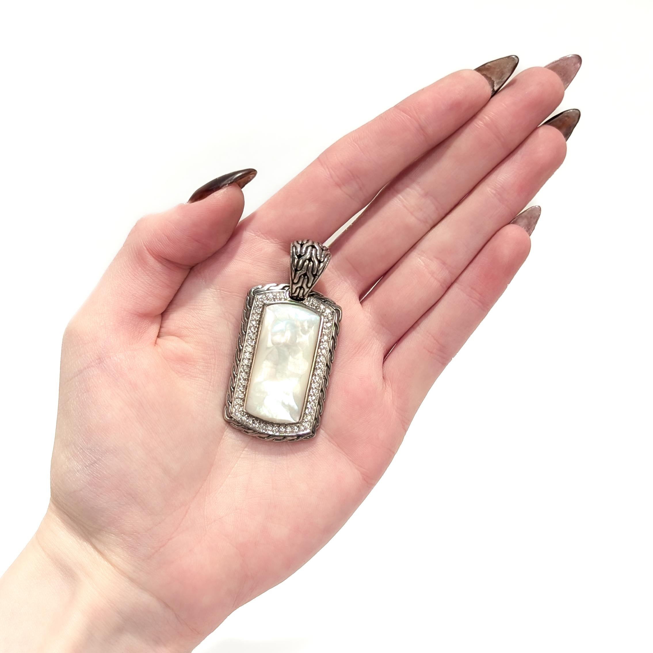 Modern John Hardy Silver Mother of Pearl and White Sapphire Naga Dog Tag Pendant For Sale