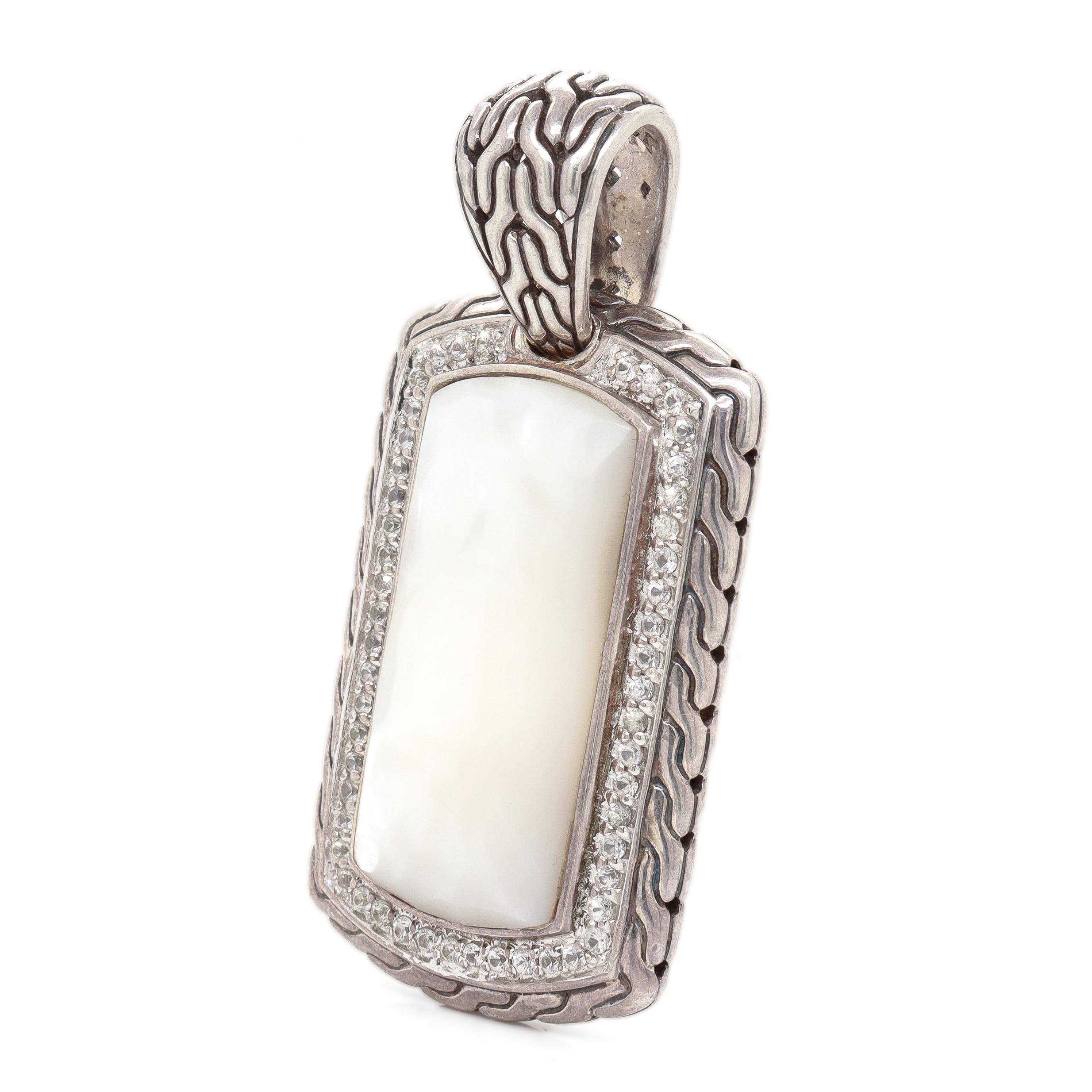 Women's or Men's John Hardy Silver Mother of Pearl and White Sapphire Naga Dog Tag Pendant For Sale