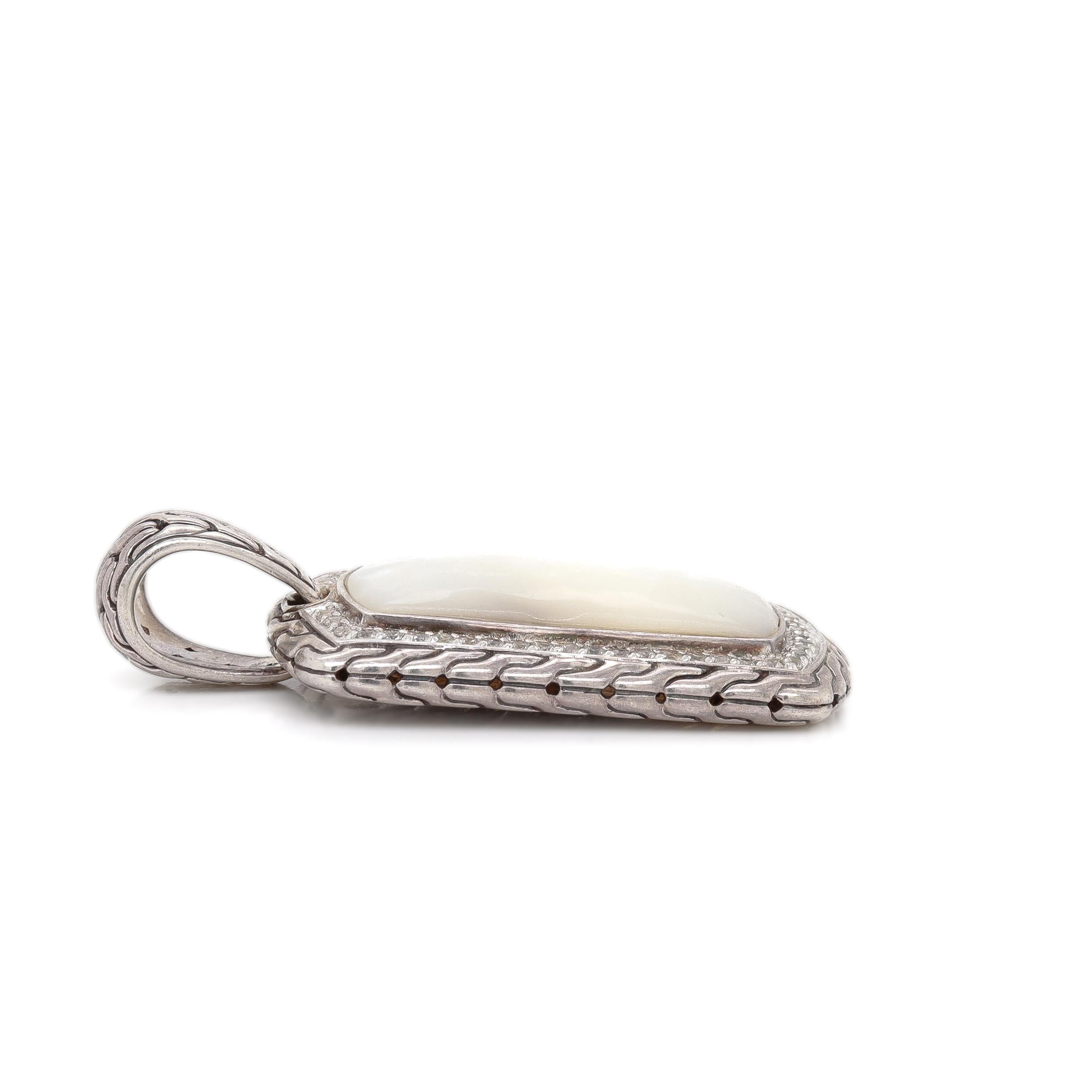 John Hardy Silver Mother of Pearl and White Sapphire Naga Dog Tag Pendant For Sale 2