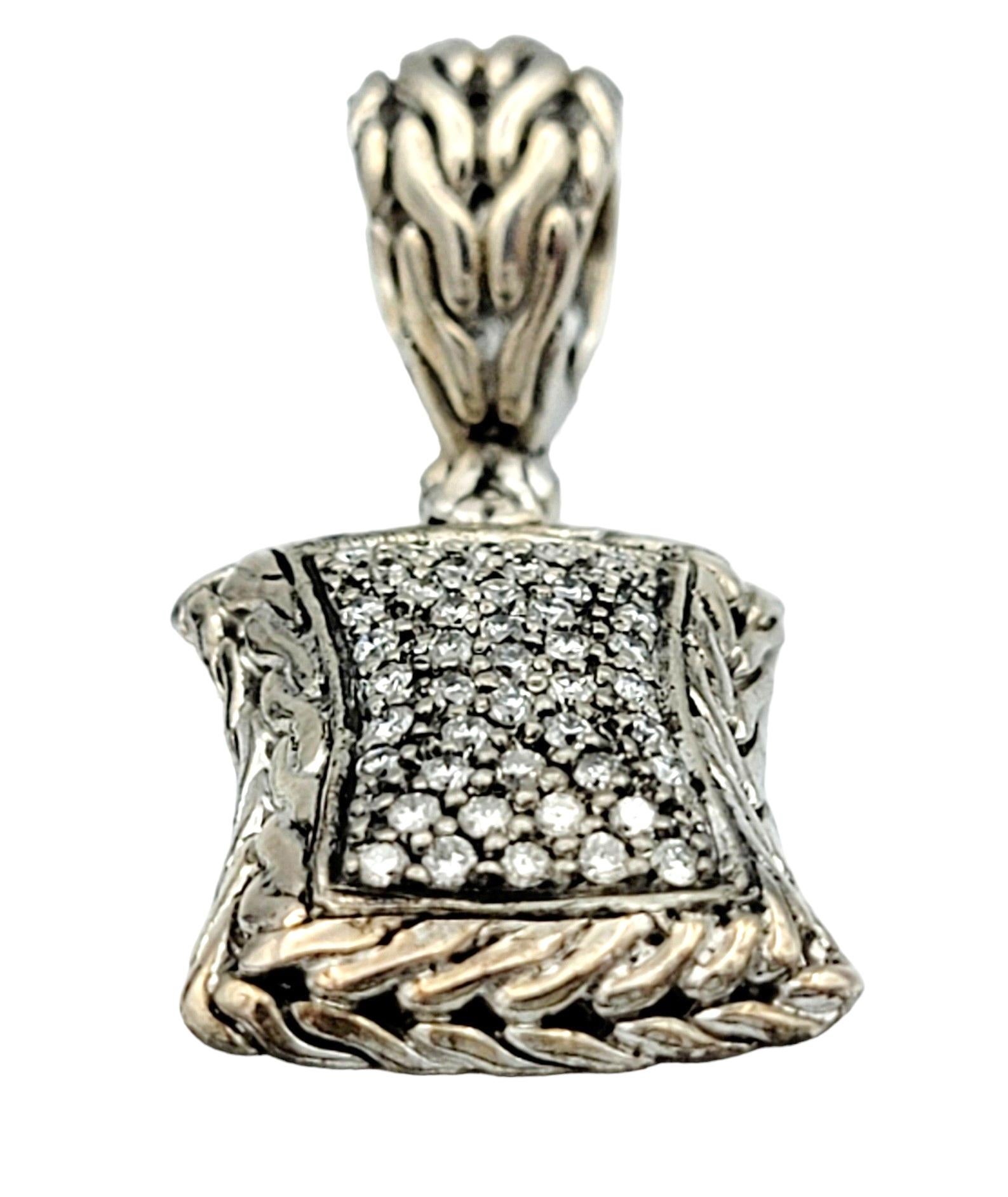 Round Cut John Hardy Squared Diamond Pendant in Sterling Silver and 18 Karat Yellow Gold For Sale