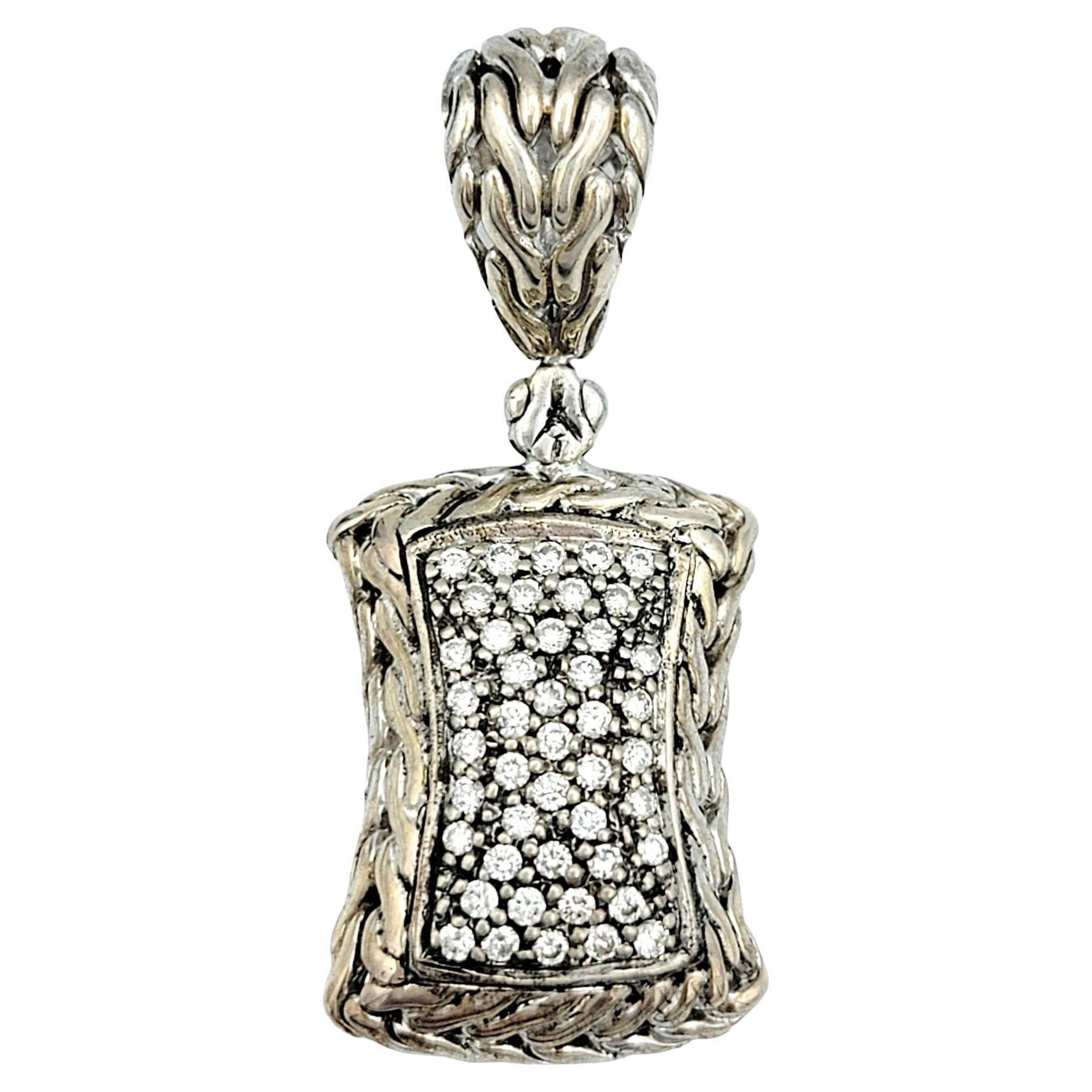 John Hardy Squared Diamond Pendant in Sterling Silver and 18 Karat Yellow Gold For Sale