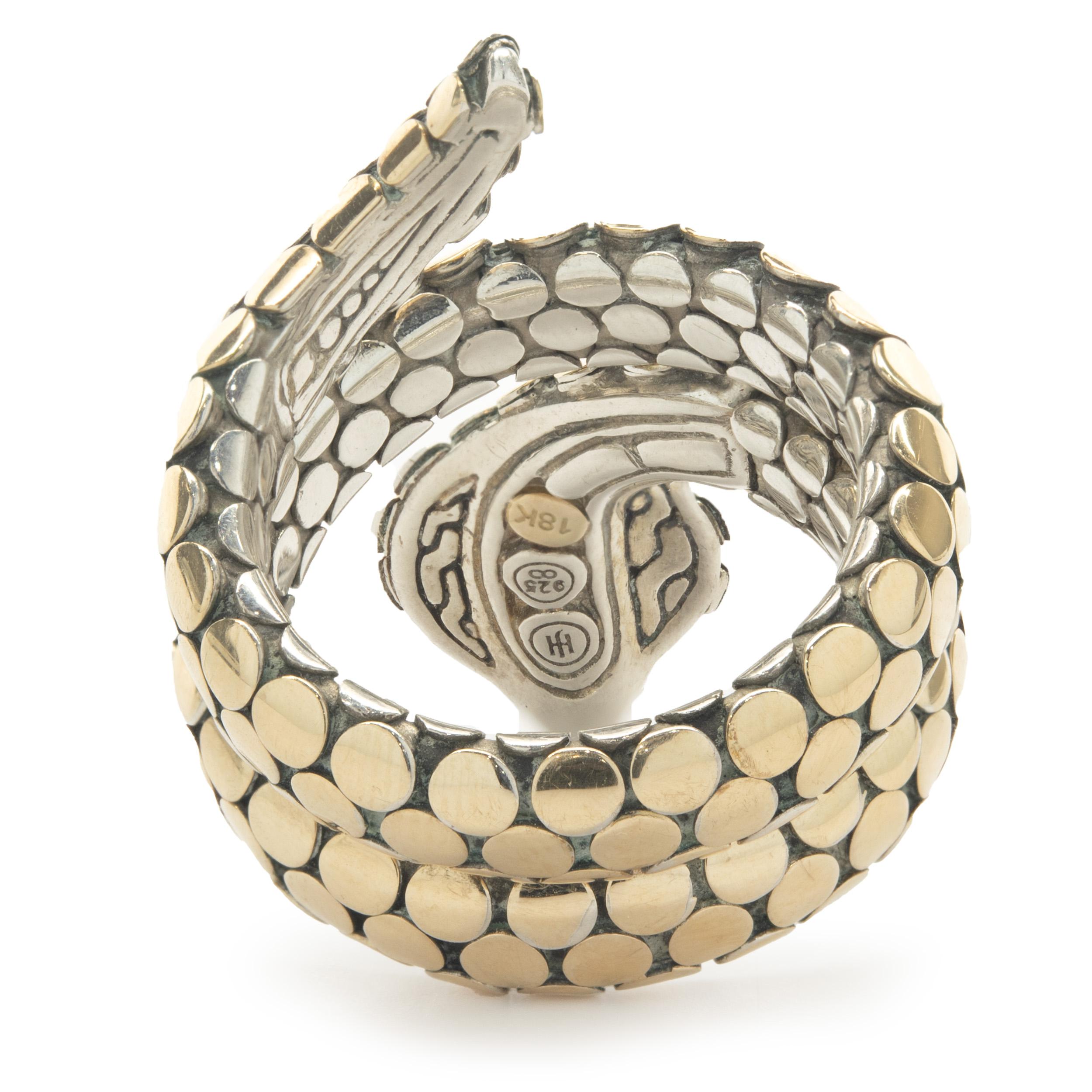 John Hardy Sterling Silver & 18 Karat Yellow Gold Dot Collection Snake Wrap Ring In Excellent Condition In Scottsdale, AZ