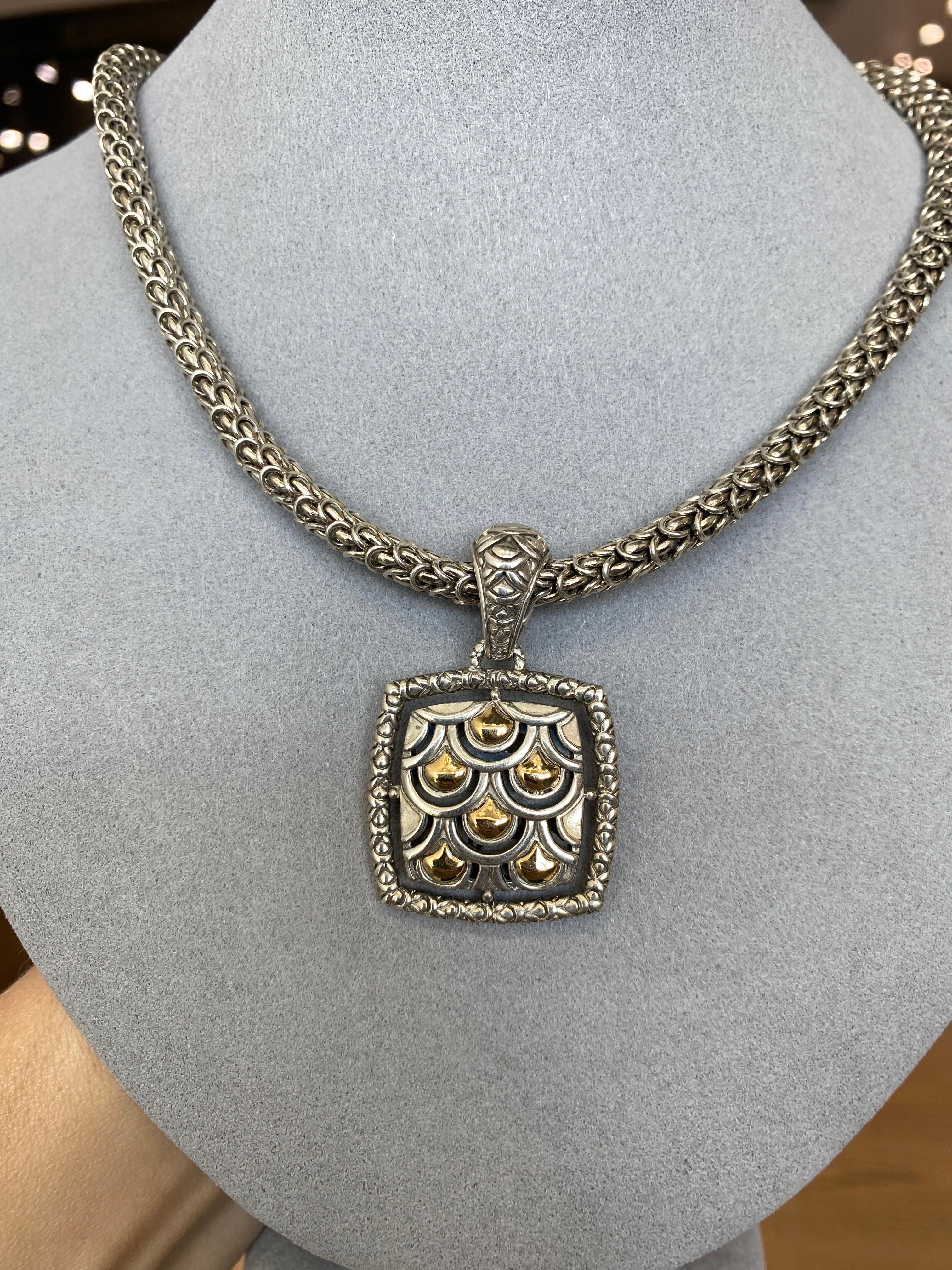 John Hardy Sterling Silver & 18 Karat Yellow Gold Naga Square Pendant Necklace In Good Condition In Houston, TX