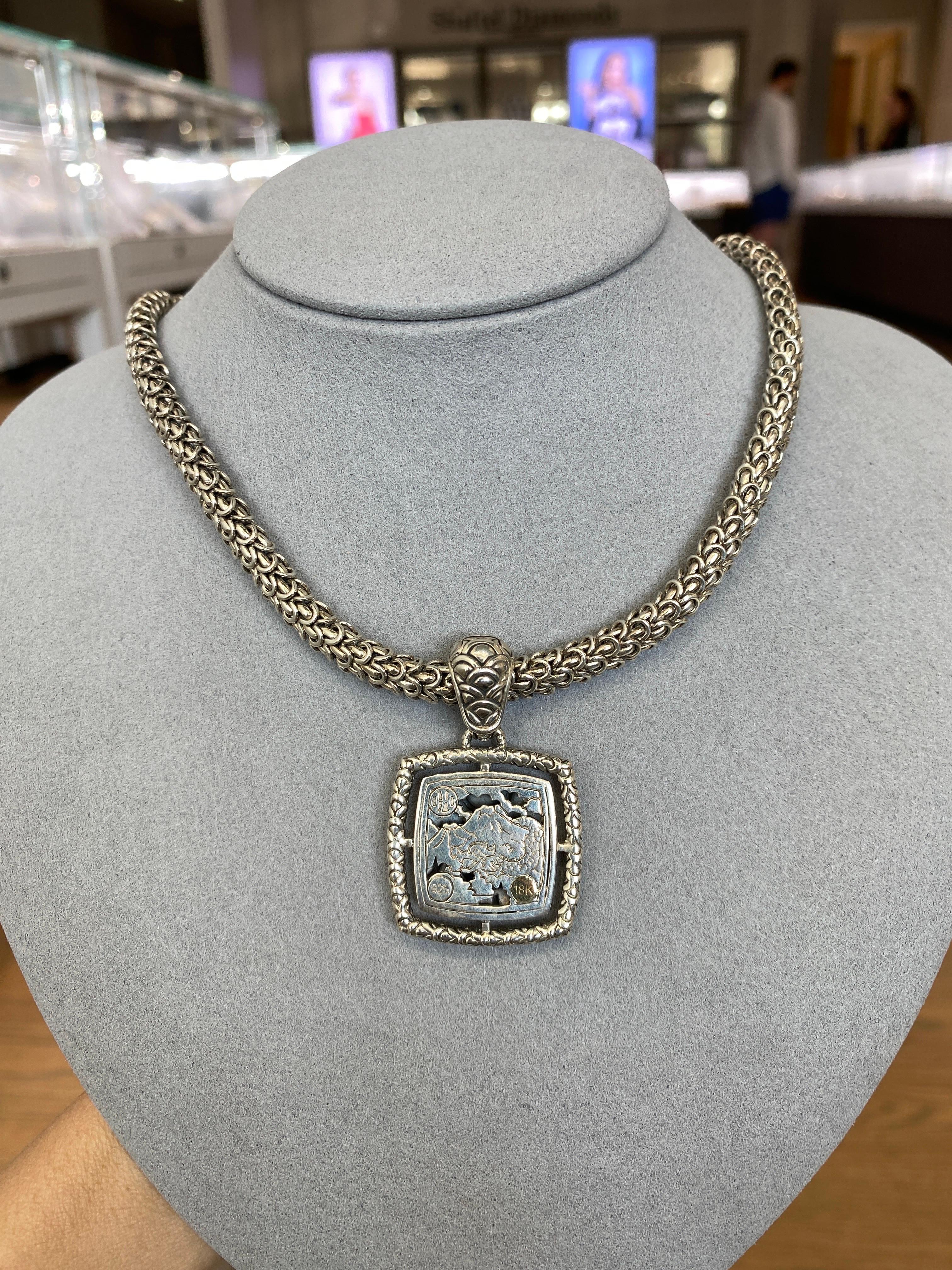 Women's or Men's John Hardy Sterling Silver & 18 Karat Yellow Gold Naga Square Pendant Necklace