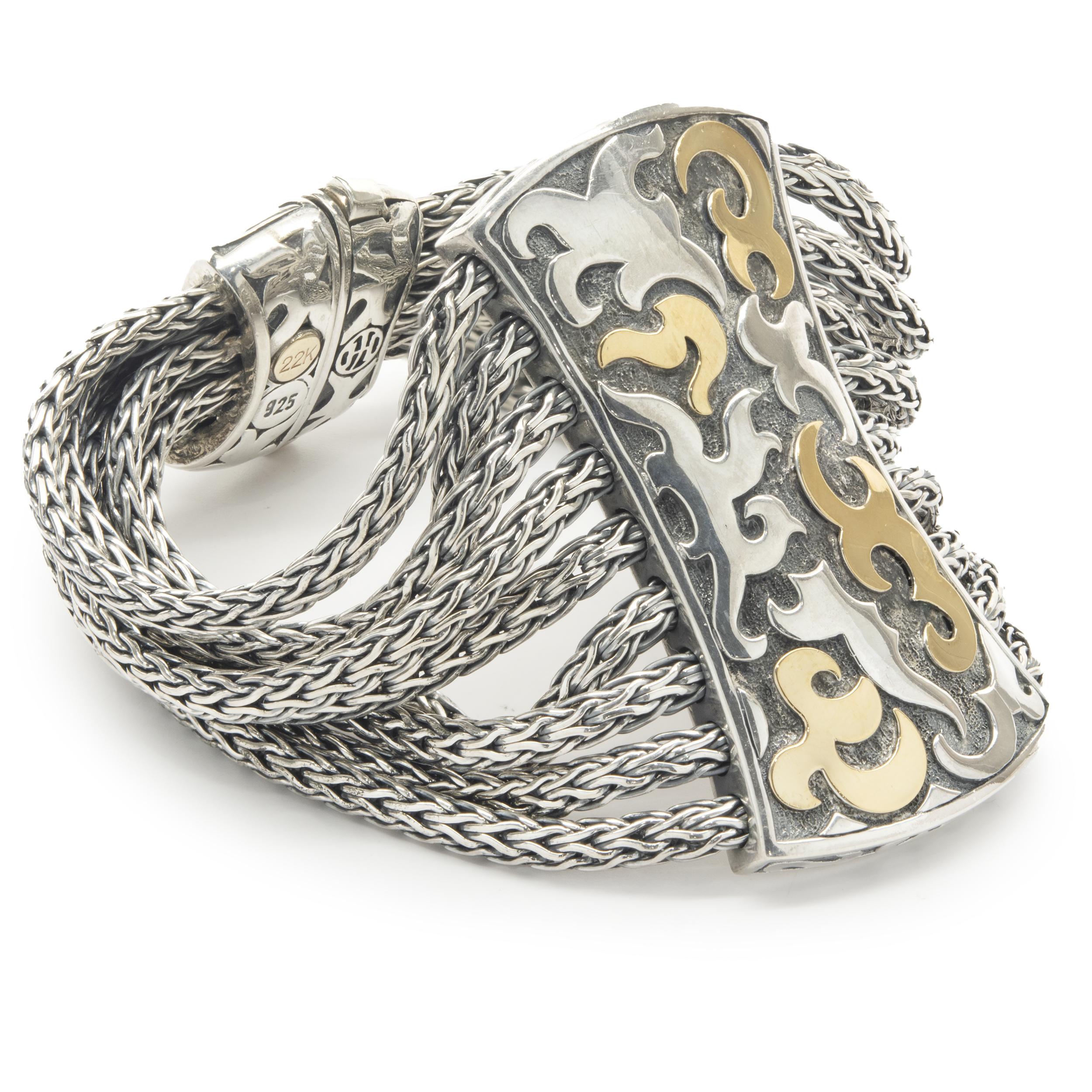 Designer: John Hardy
Material: Sterling Silver / 18K yellow gold
Dimensions: bracelet measures 7.5-inches in length
Weight: 107.71 grams
