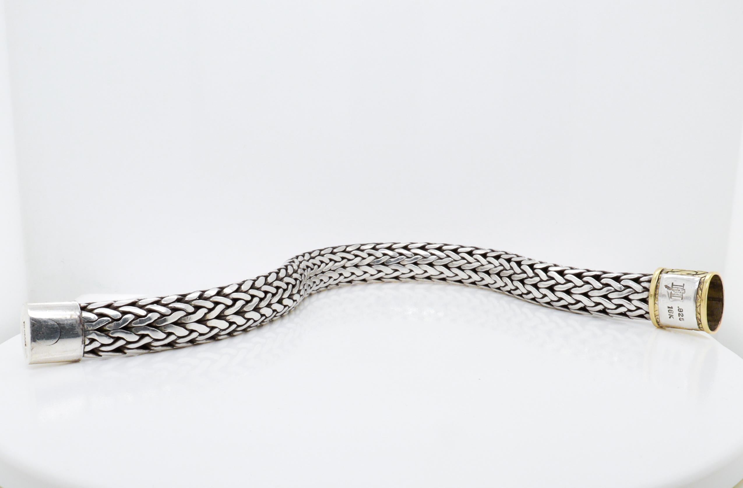 John Hardy Sterling Silver & 18K Gold Clasp 6.5 mm Wheat Bracelet For Sale 7