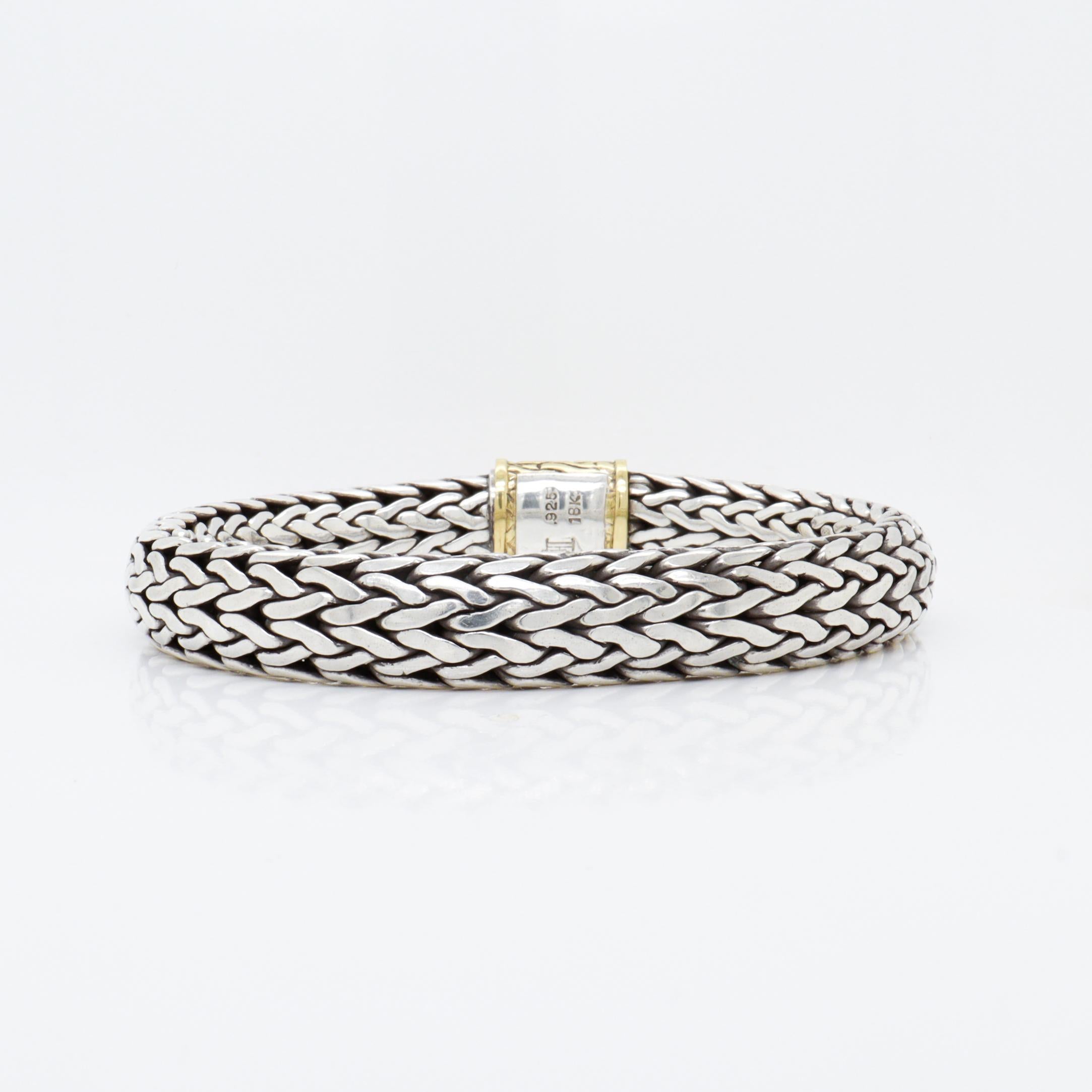 John Hardy Sterling Silver & 18K Gold Clasp 6.5 mm Wheat Bracelet For Sale 1