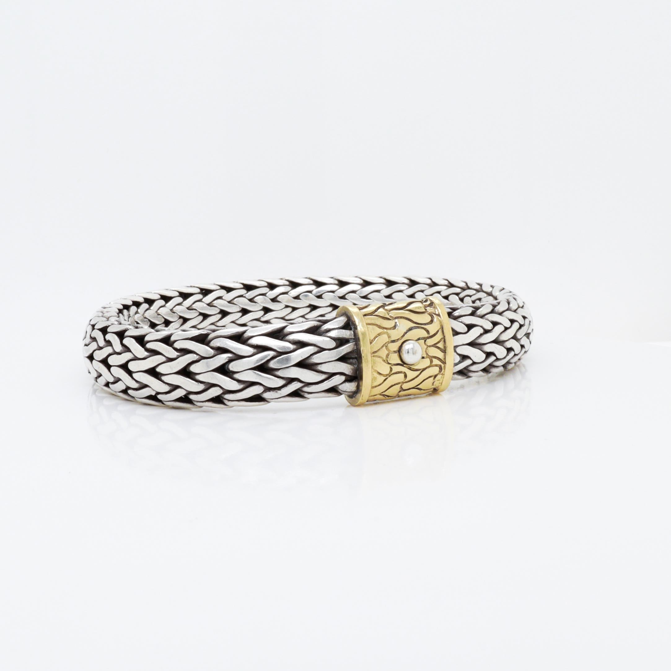John Hardy Sterling Silver & 18K Gold Clasp 6.5 mm Wheat Bracelet For Sale 3