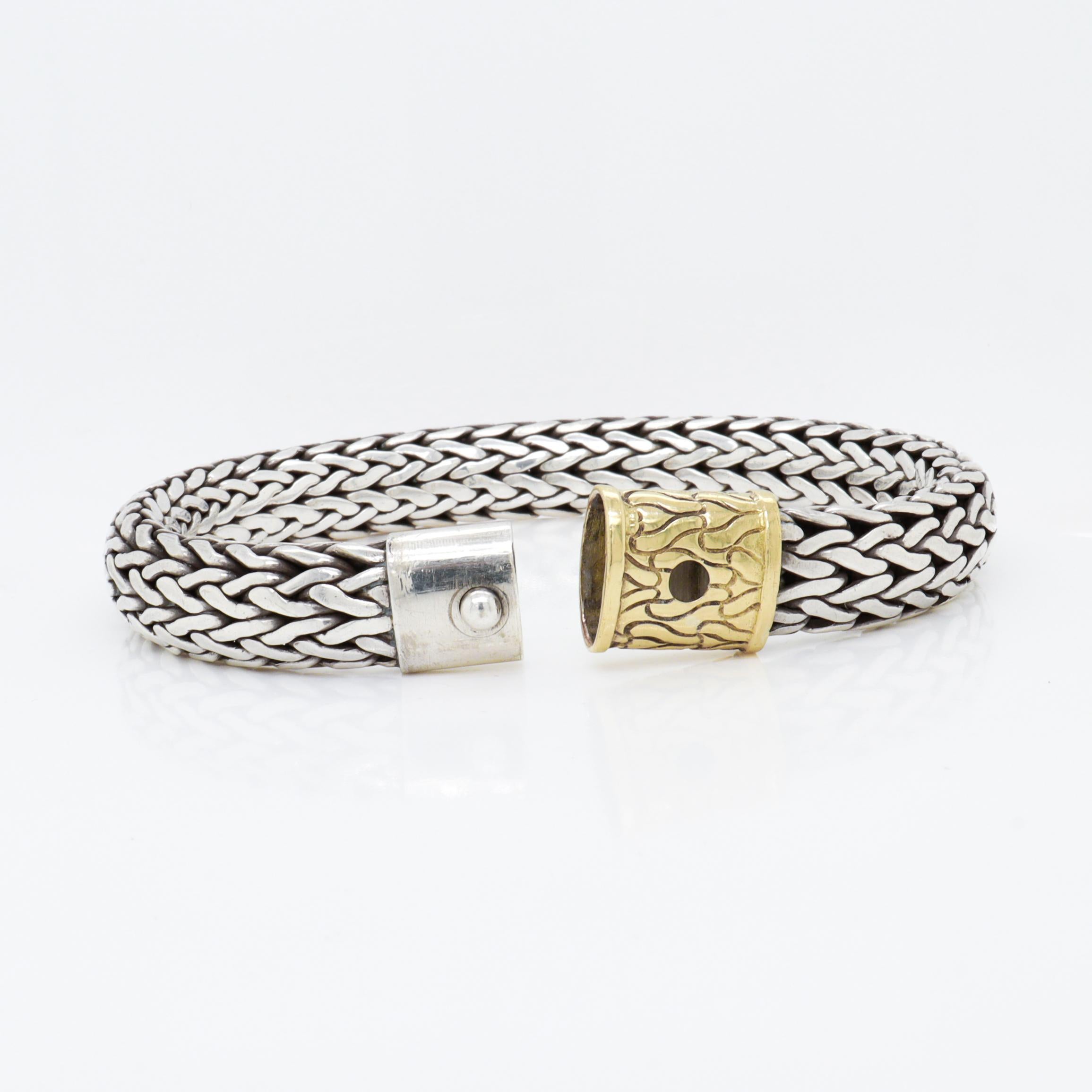 John Hardy Sterling Silver & 18K Gold Clasp 6.5 mm Wheat Bracelet For Sale 4