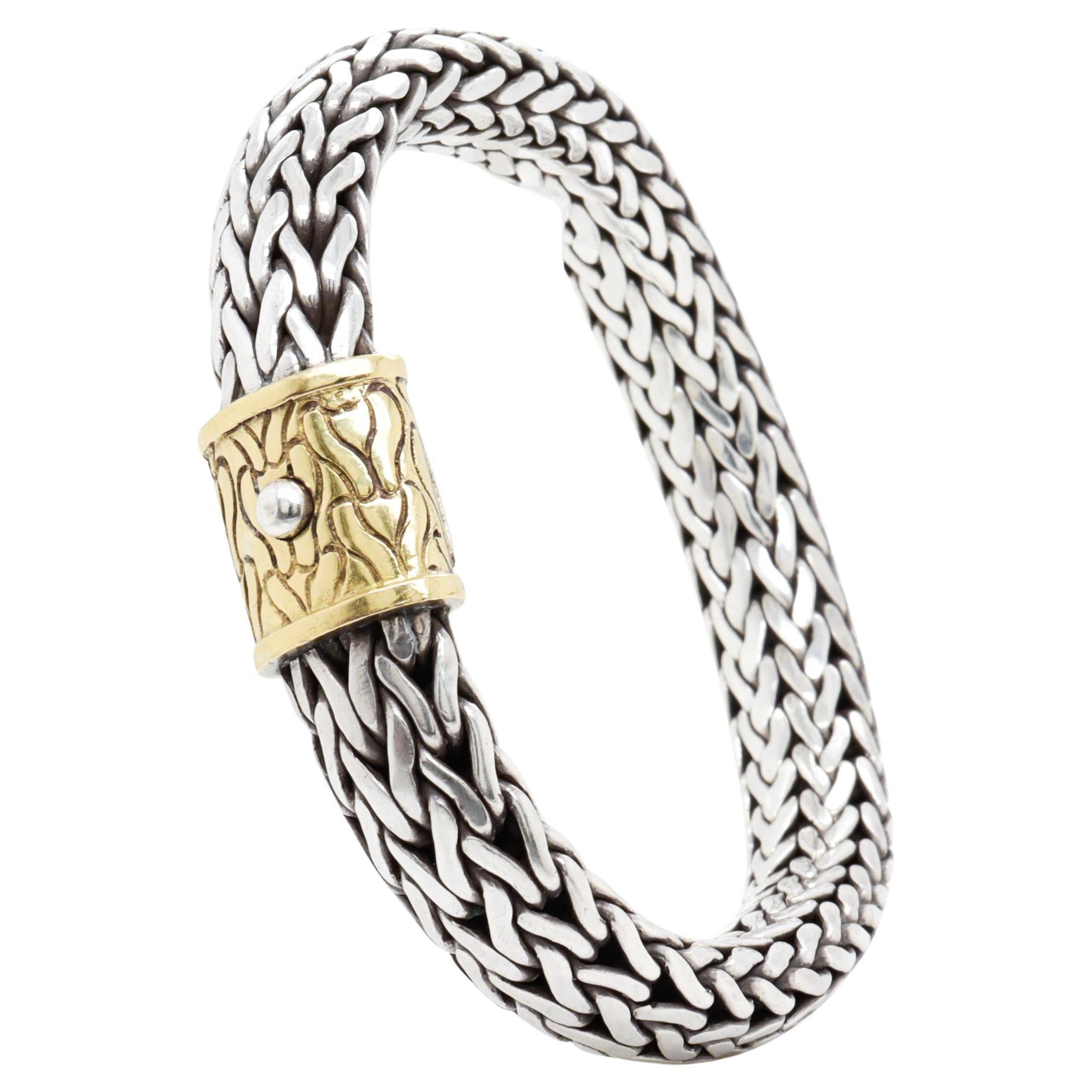 John Hardy Sterling Silver & 18K Gold Clasp 6.5 mm Wheat Bracelet For Sale