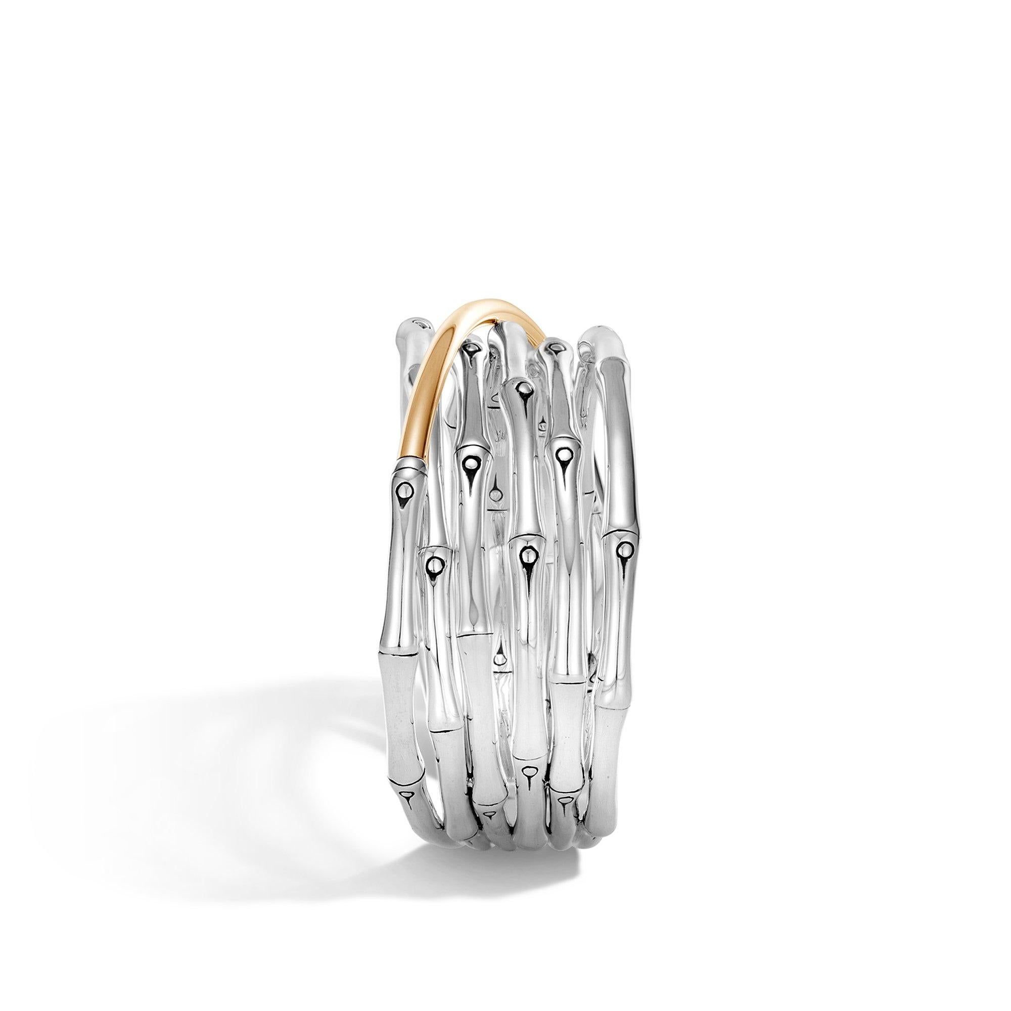 Sterling silver and 18 karat yellow gold bamboo cuff bracelet from the Bamboo collection. Size medium. Made in Bali.

This collection is dedicated to cultivating the natural beauty of Bali. For each Bamboo Collection piece sold, bamboo seedlings are