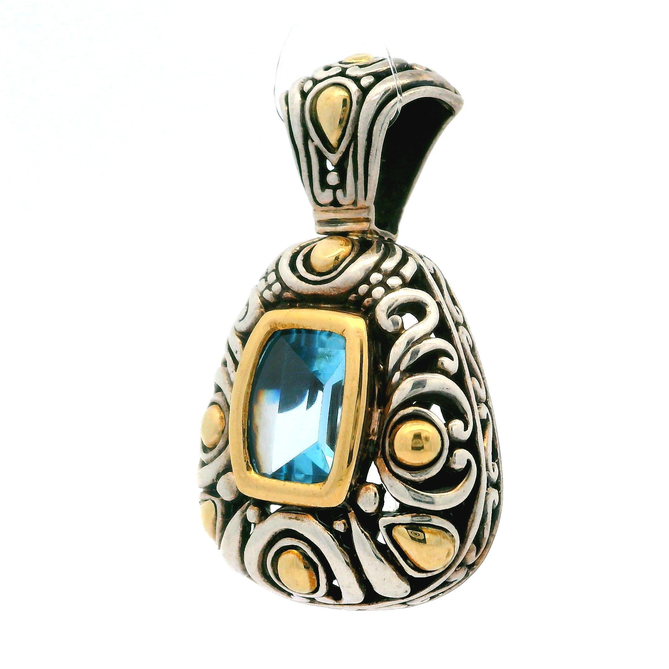 Emerald Cut John Hardy Sterling Silver 18k Yellow Gold Blue Topaz Large Slide Pendant