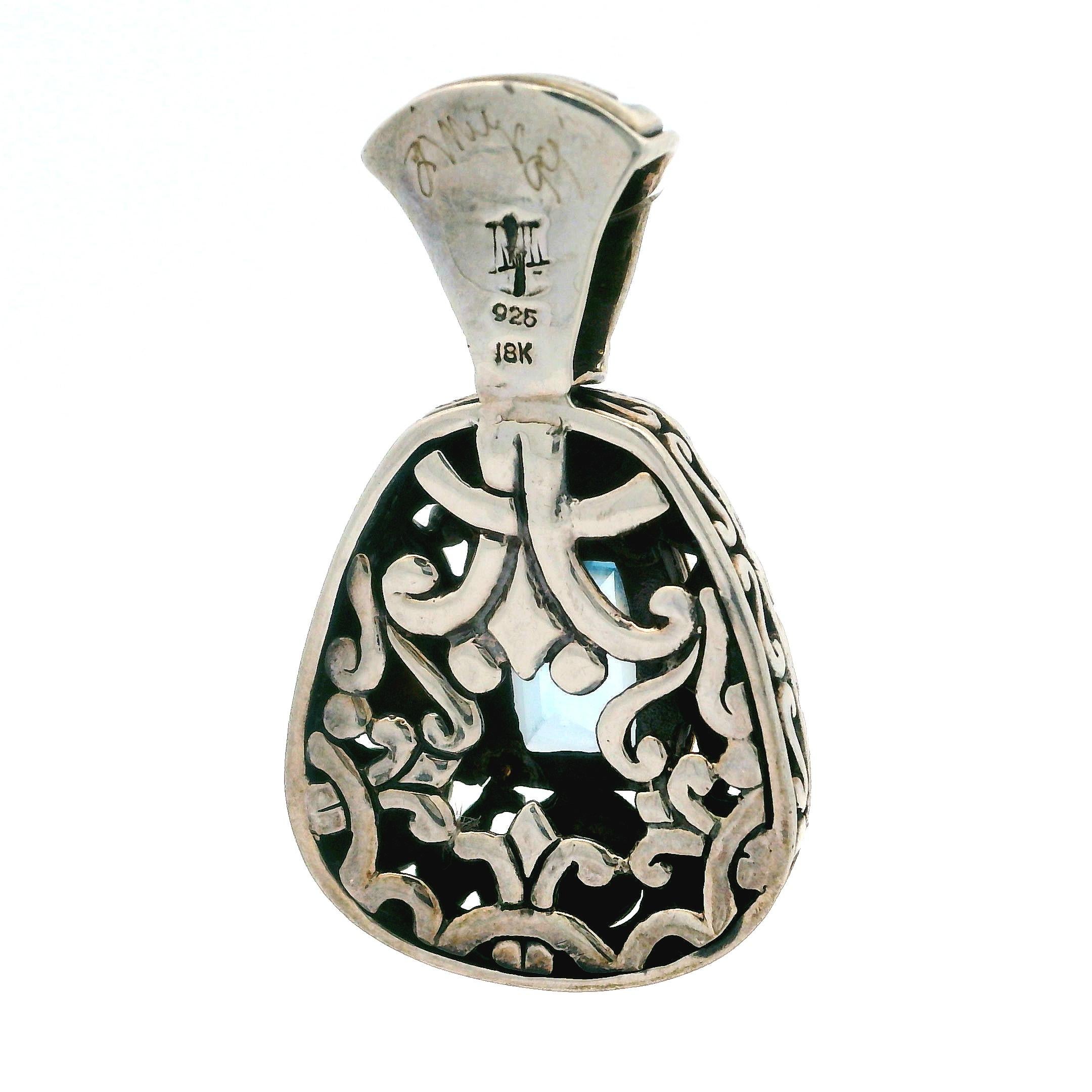 John Hardy Sterling Silver 18k Yellow Gold Blue Topaz Large Slide Pendant In Excellent Condition In Montclair, NJ