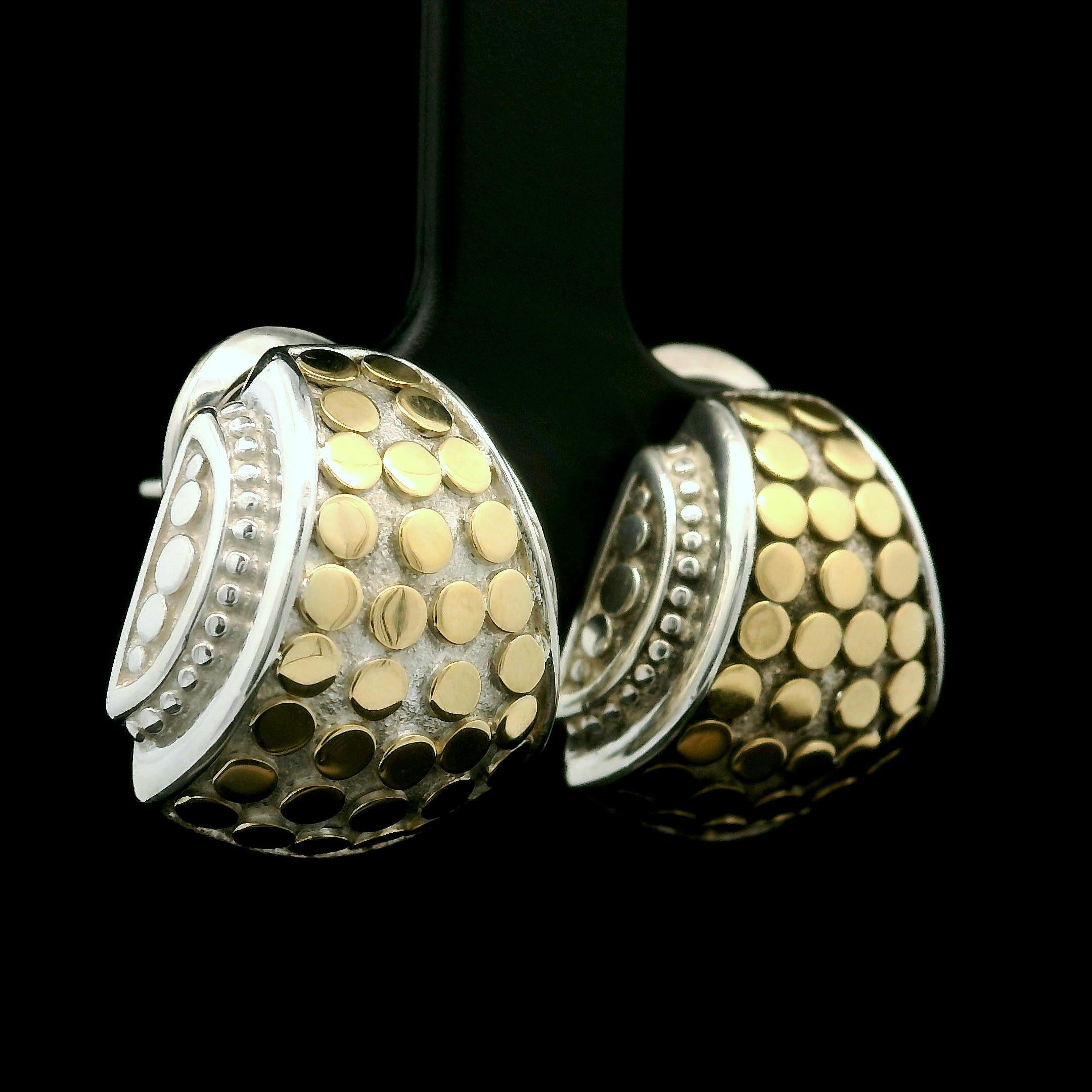 John Hardy Sterling Silver 18k Yellow Gold Dot Flared Cuff Omega Back Earrings In Excellent Condition In Montclair, NJ