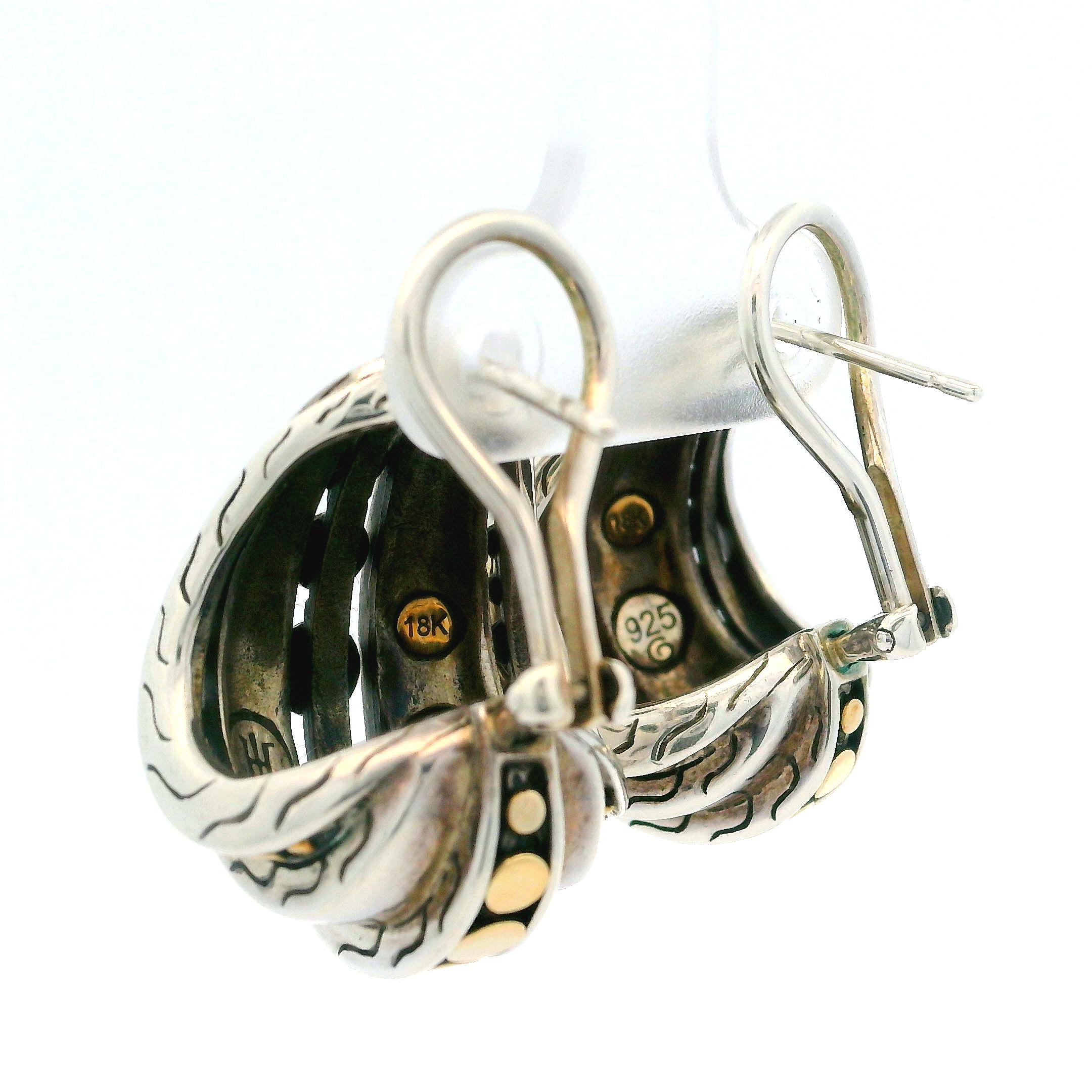 John Hardy Sterling Silver 18k Yellow Gold Dot Wide Cuff Omega Back Earrings 1