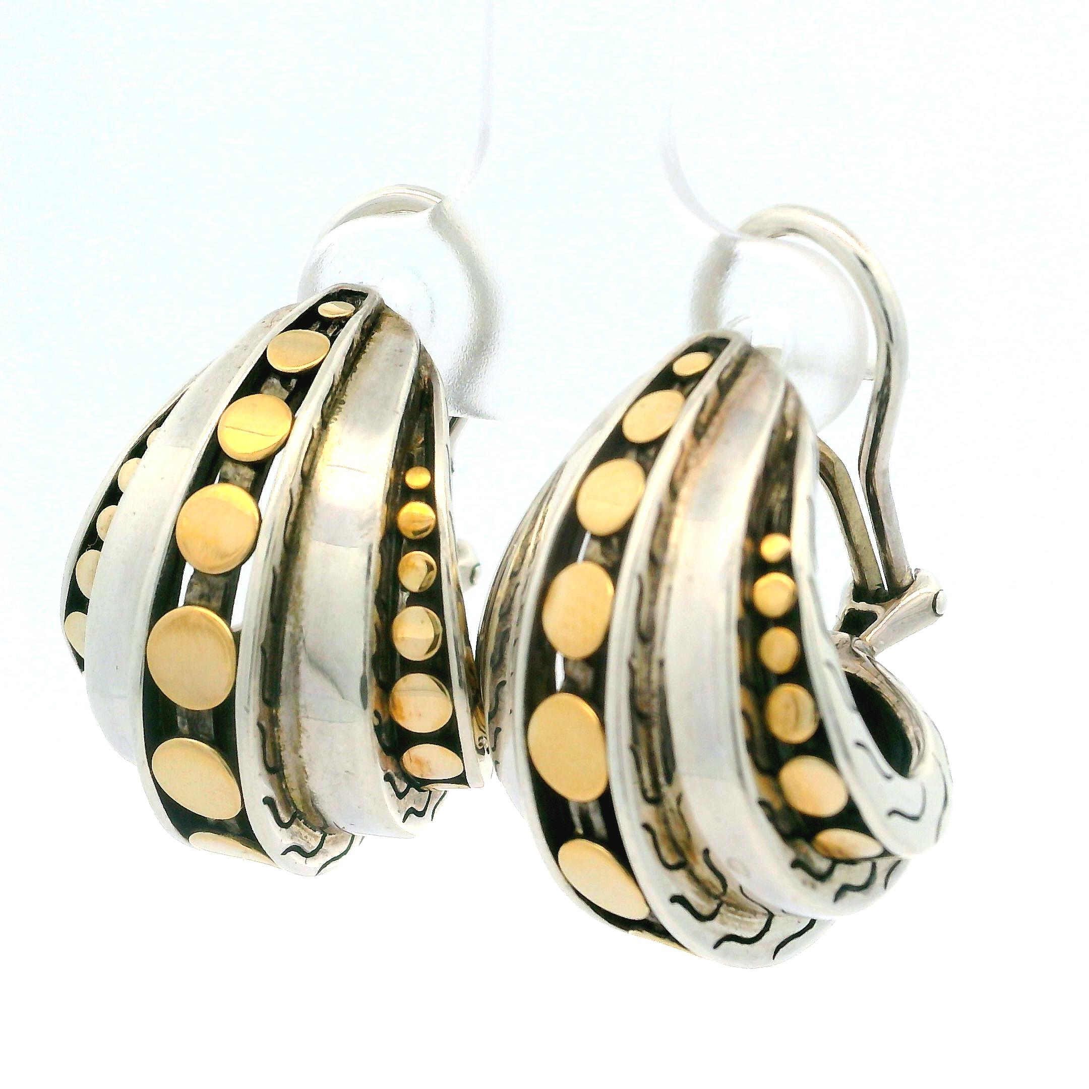 John Hardy Sterling Silver 18k Yellow Gold Dot Wide Cuff Omega Back Earrings 2