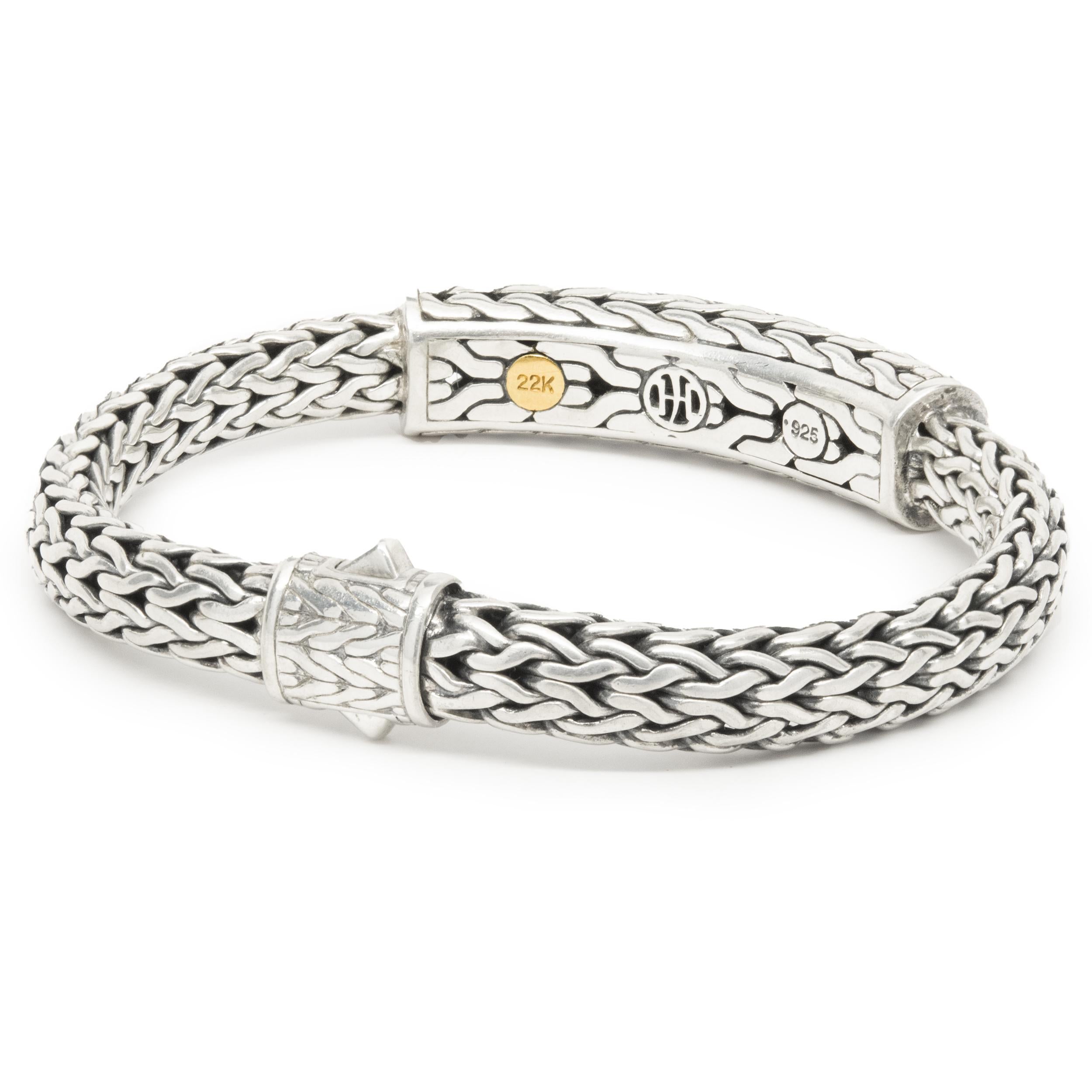 Designer: John Hardy
Material: 22K yellow gold / Sterling Silver
Dimensions: bracelet measures 7.5-inches
Weight: 44.60 grams

