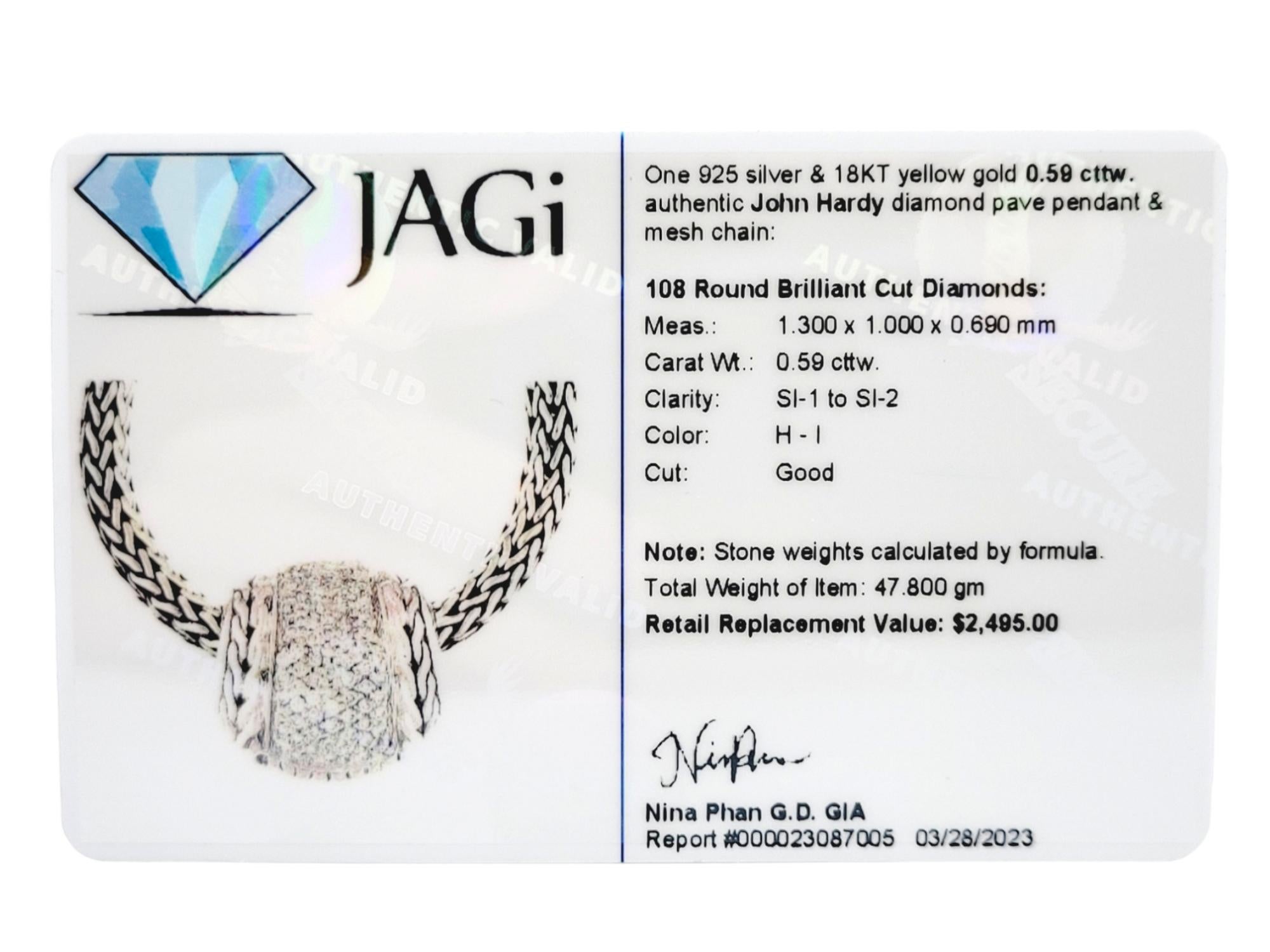 John Hardy Sterling Silver and 18 Karat Gold Diamond Pave Slide Pendant Necklace For Sale 6
