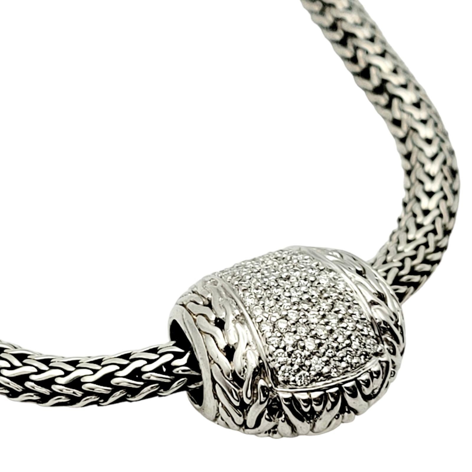 Contemporary John Hardy Sterling Silver and 18 Karat Gold Diamond Pave Slide Pendant Necklace For Sale