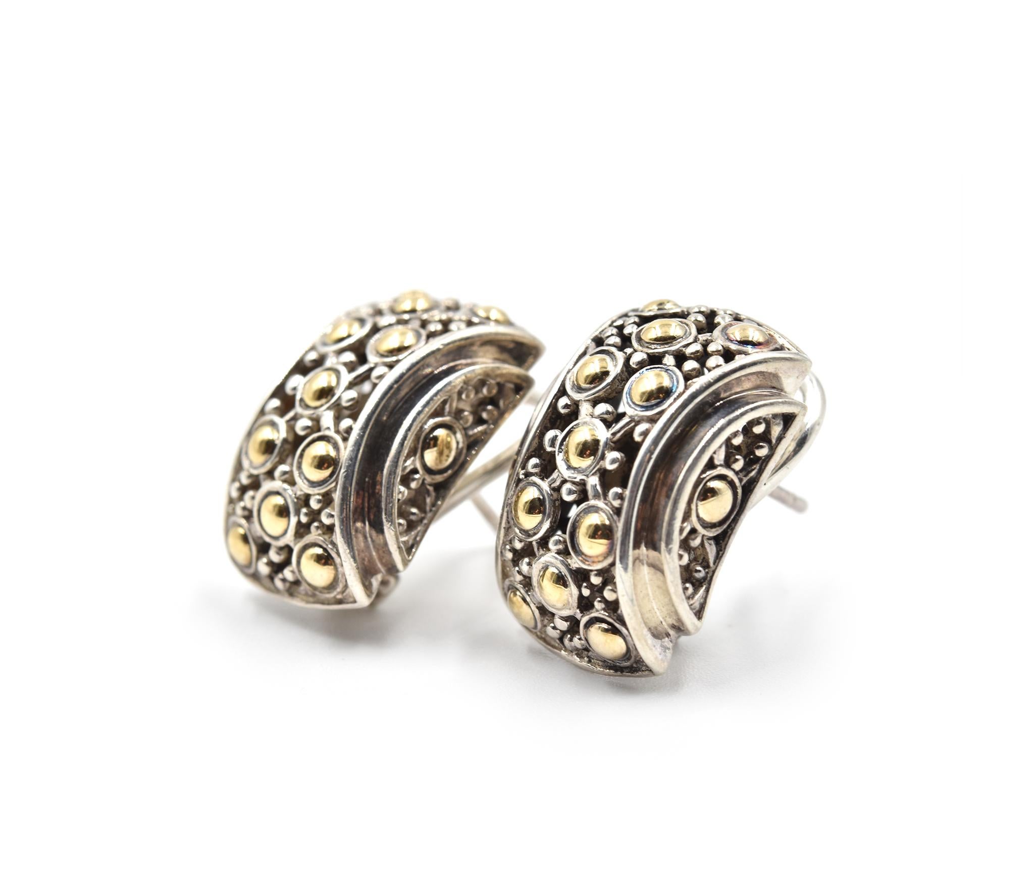 Designer: John Hardy
Material: sterling silver and 18k yellow gold
Dimensions: each earring is 3/4-inch long and 1/2-inch wide
Fastenings: omega backs
Weight: 10.29 grams

