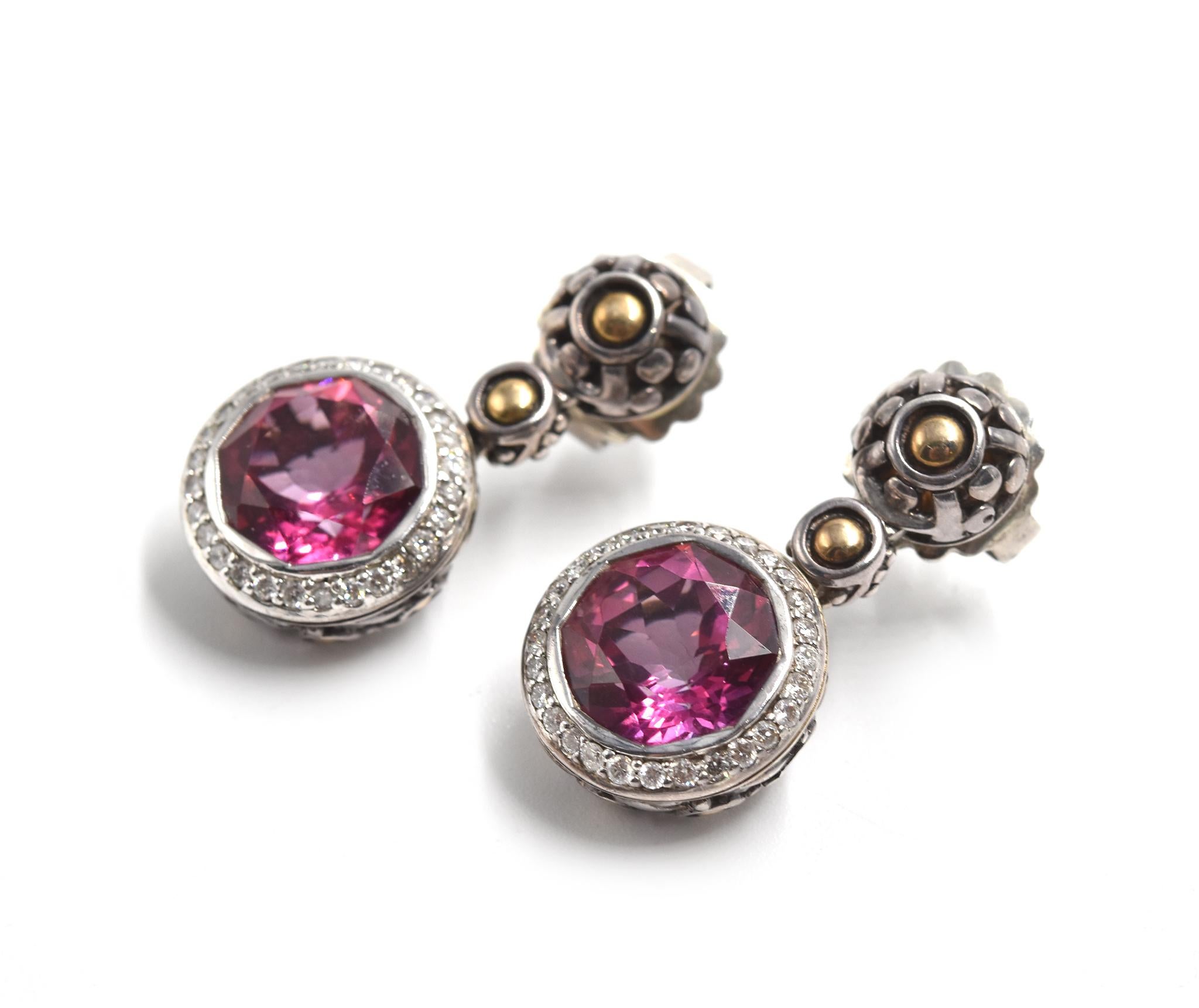 Designer: John Hardy
Material: sterling silver and 18k yellow gold
Gemstones: round brilliant cut mystic pink topaz
Dimensions: each earring measures 1-inch long and 1/2-inch wide
Weight: 11.74 grams
Retail: $2,295
