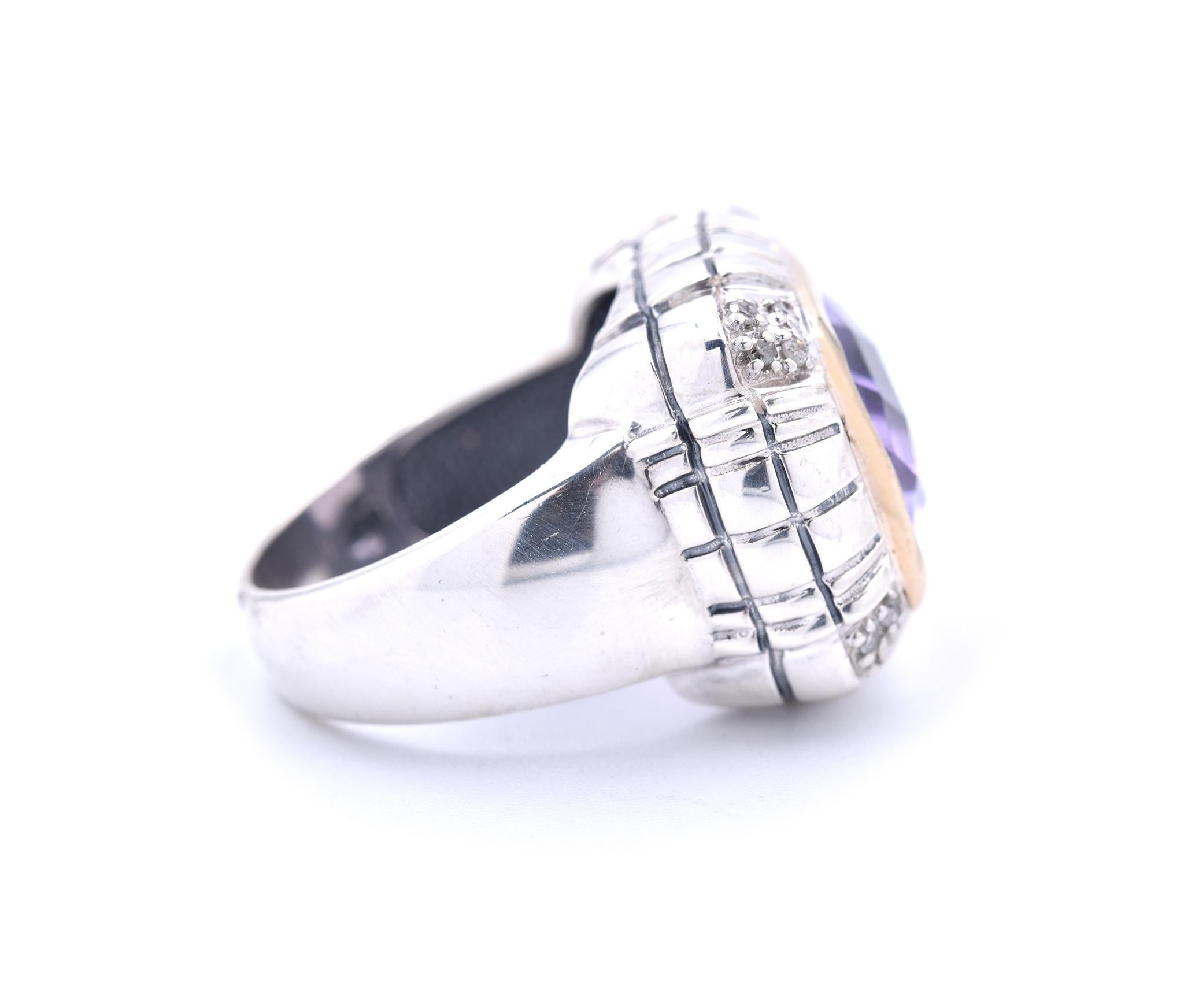 Designer: Custom Design
Material: sterling silver and 18k yellow gold
Ring Size: 7 (please allow 1-2 additional business days for sizing)
Dimensions: ring top measures 21mm x 17.80mm
Weight: 12.05 grams
