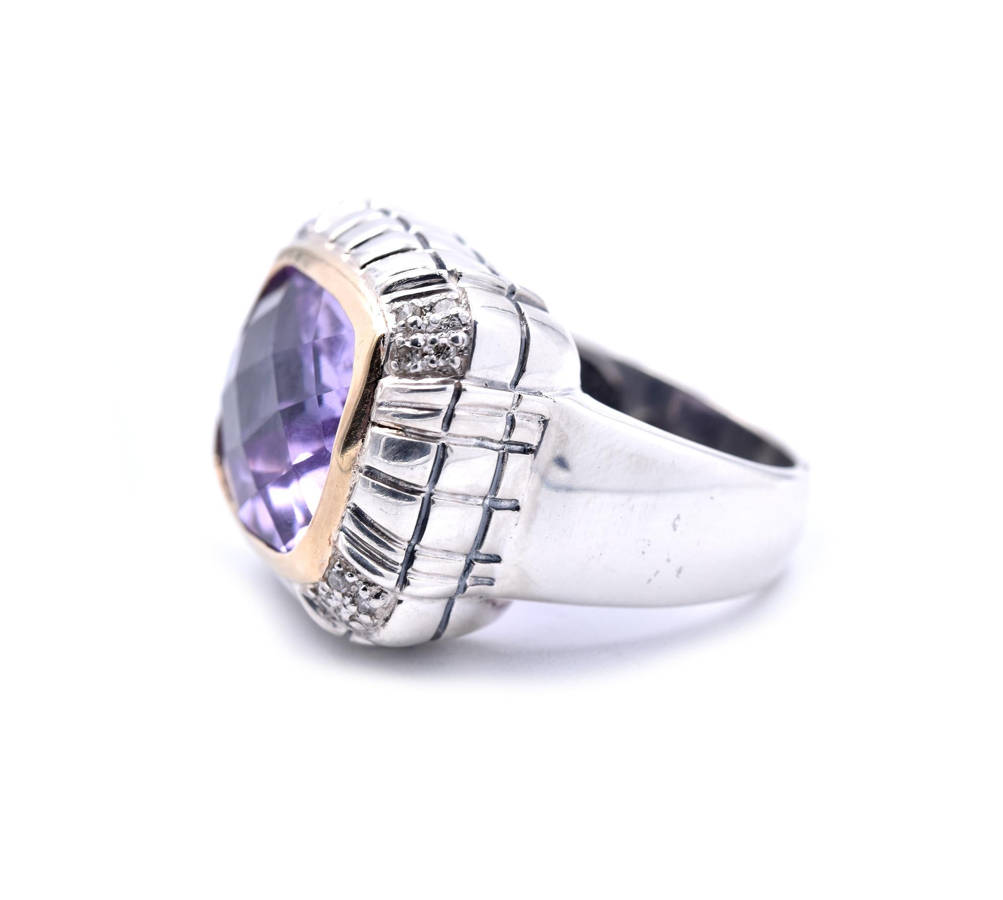 Sterling Silver and 18 Karat Yellow Gold Amethyst and Diamond Ring In Excellent Condition In Scottsdale, AZ