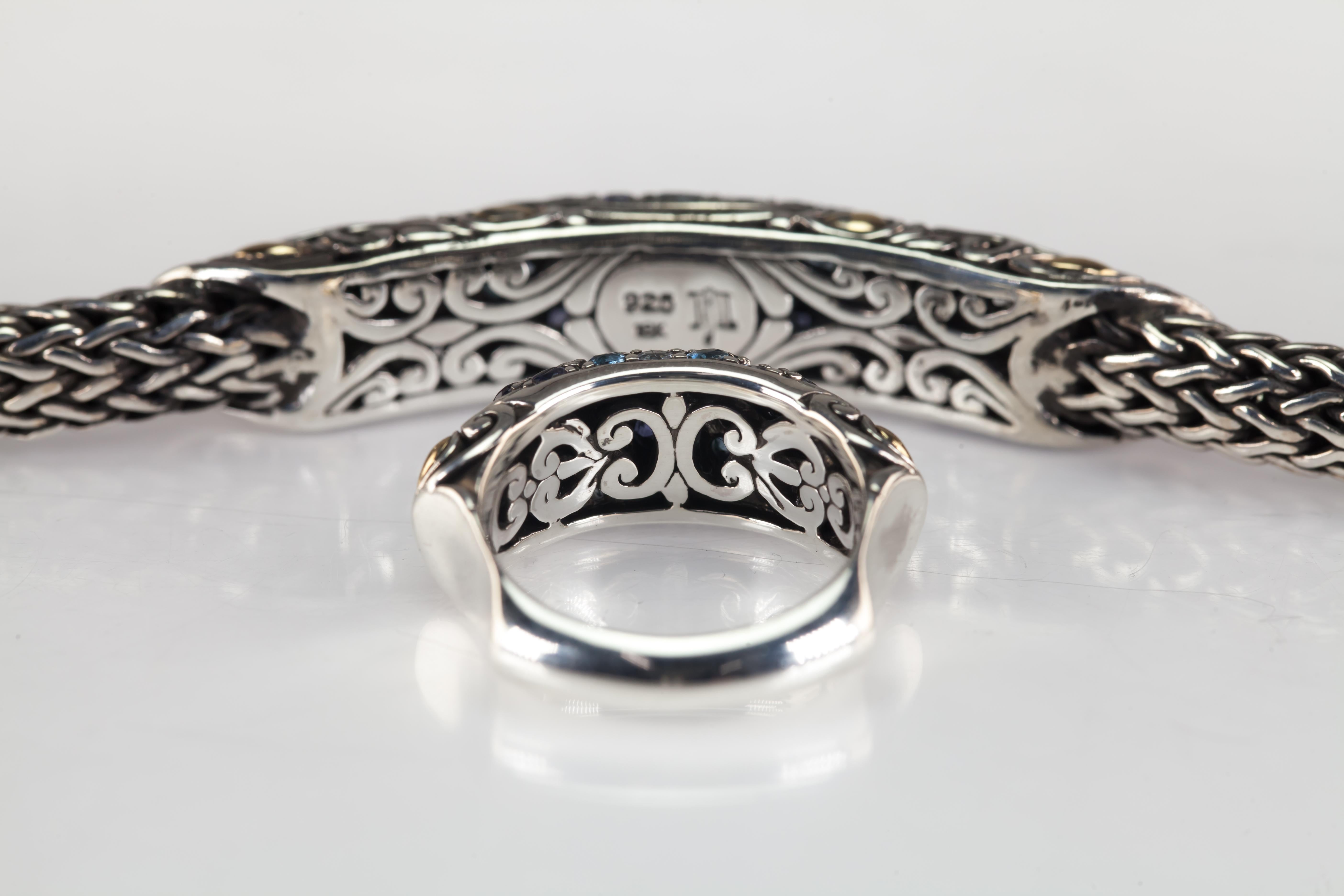 Taille ovale John Hardy, bracelet et bague en argent sterling et or 18 carats avec pierres coulissantes en vente