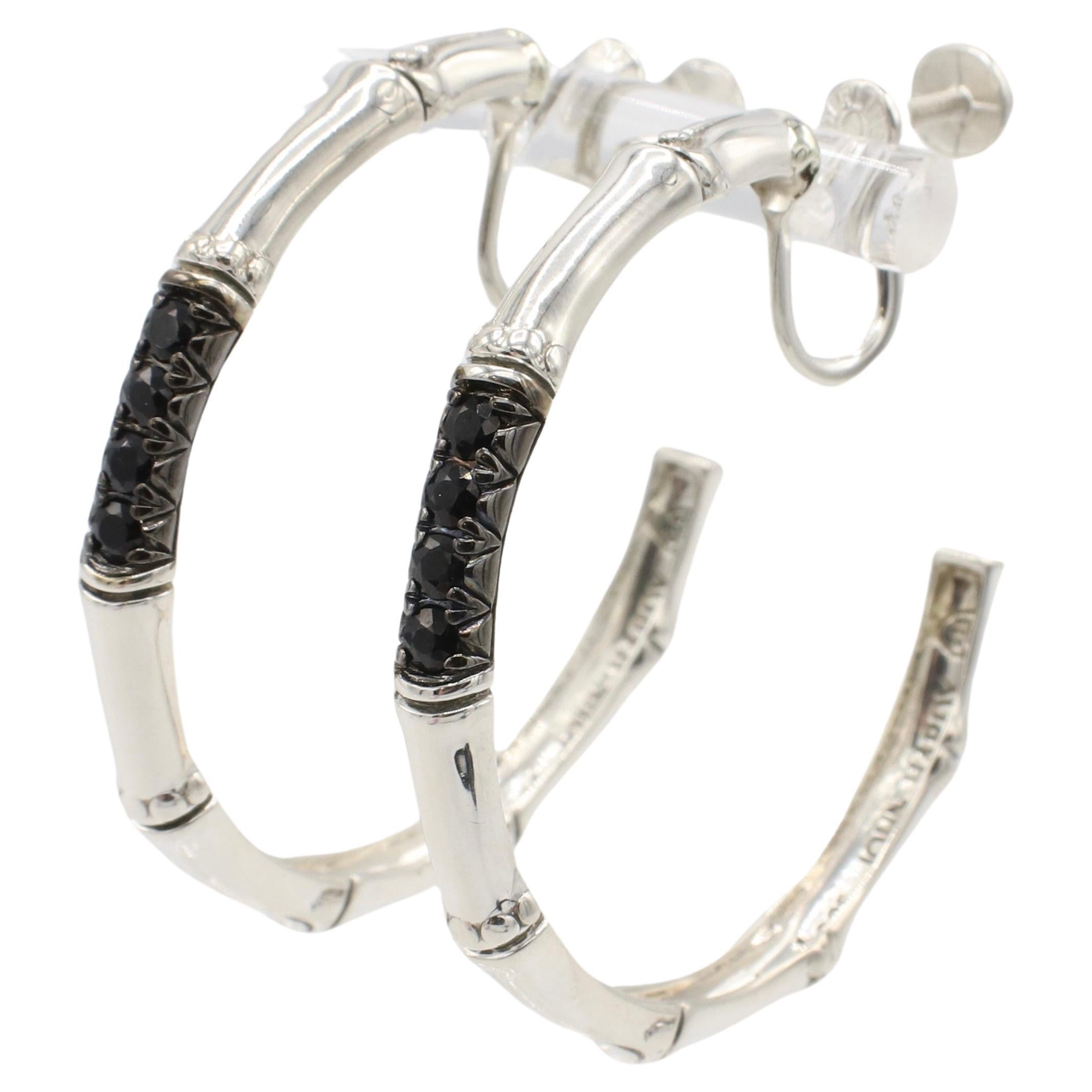 John Hardy Sterling Silver Bamboo Lava Black Sapphire Hoop Earrings  For Sale