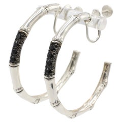 John Hardy Sterling Silver Bamboo Lava Black Sapphire Hoop Earrings 