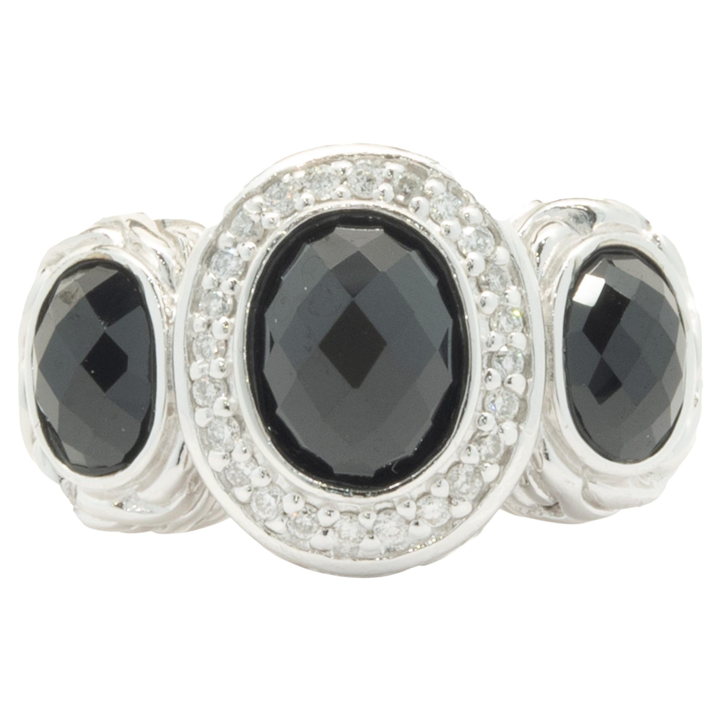 John Hardy Sterling Silver Black Onyx and Diamond Three Stone Ring For Sale