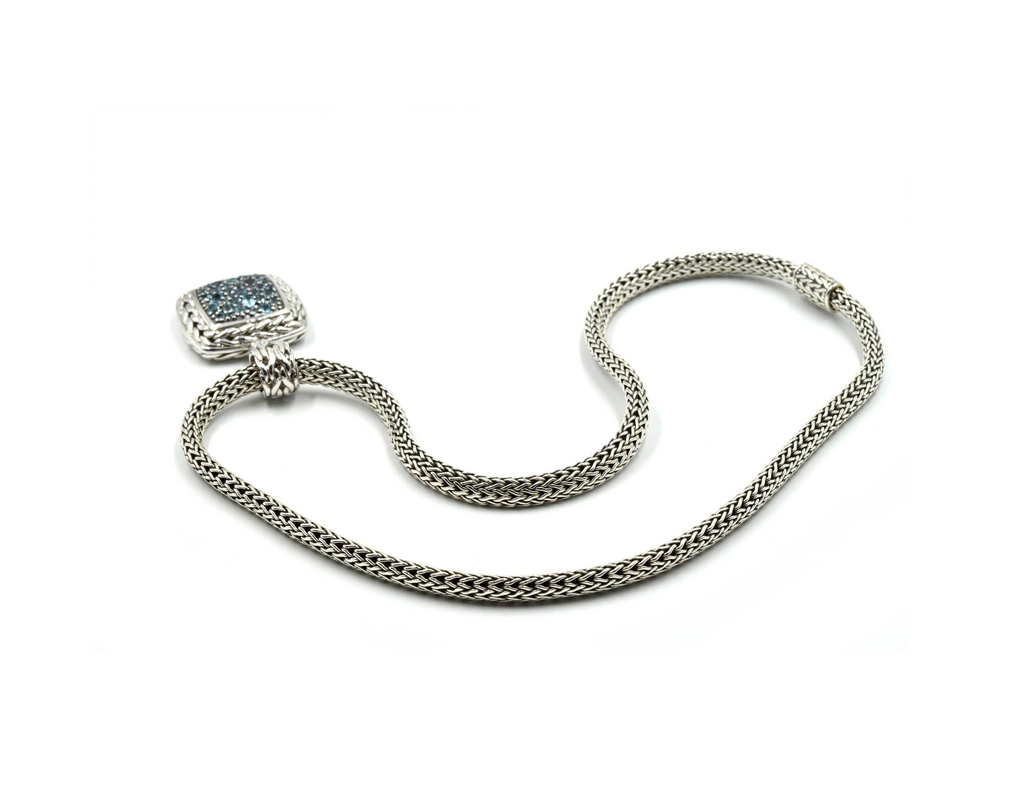 Designer: John Hardy
Collection: Classic Chain Collection
Material: sterling silver
Gemstone: blue topaz
Dimensions: the pendant measures 1 1/2-inches long and 1-inch wide, necklace is 16-inches long and 1/4-inches wide
Weight: 50.17 grams
Retail: