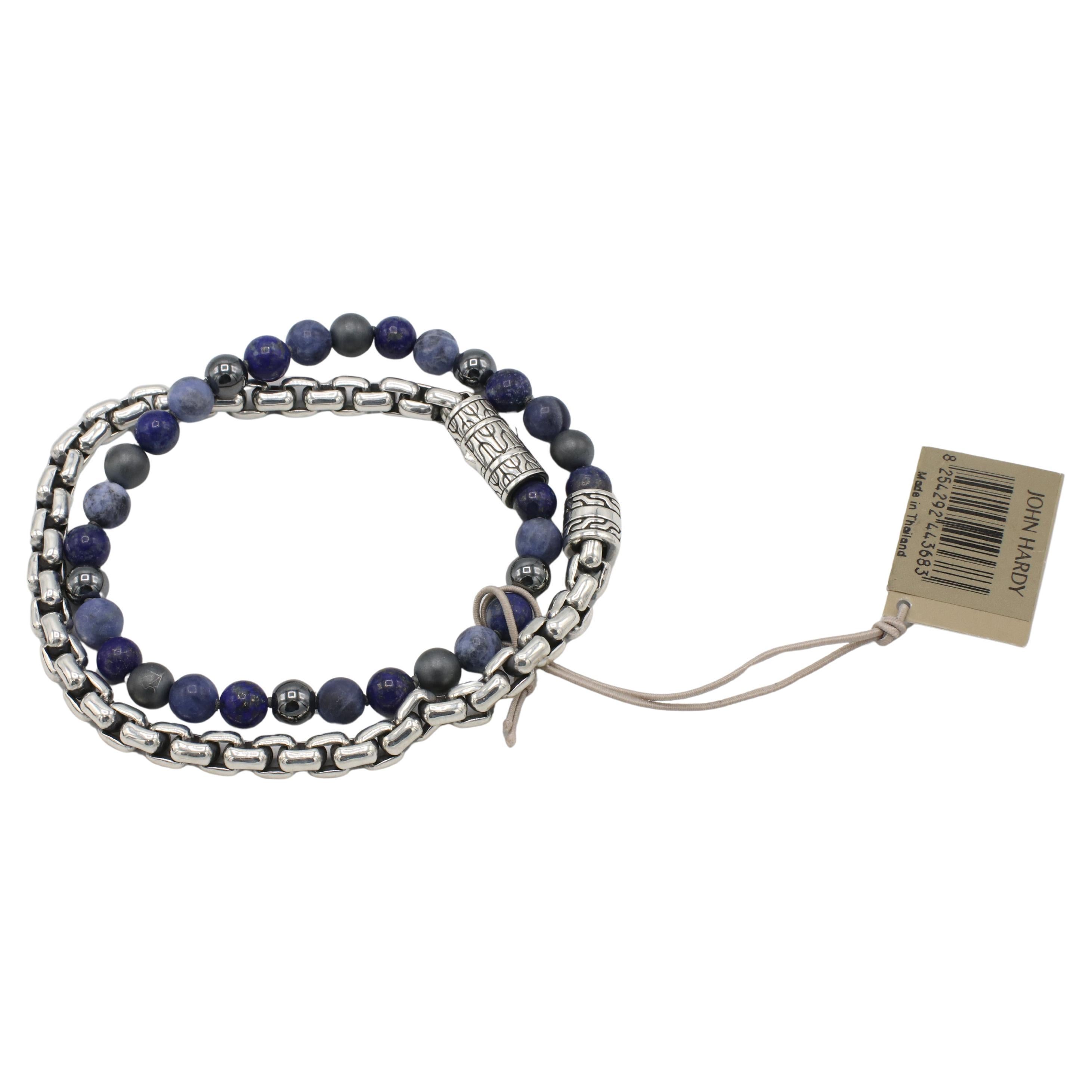 John Hardy Sterling Silver Box Chain Double Wrap Blue Stone Chain Link Bracelet 
Metal: Sterling silver 925
Gemstones: Lapis lazuli, sodalite & hematite beads
Width: 6mm
Length: (7.5 inches double wrapped)
Retail: $875 USD
Weight: 47.8 grams
RDD