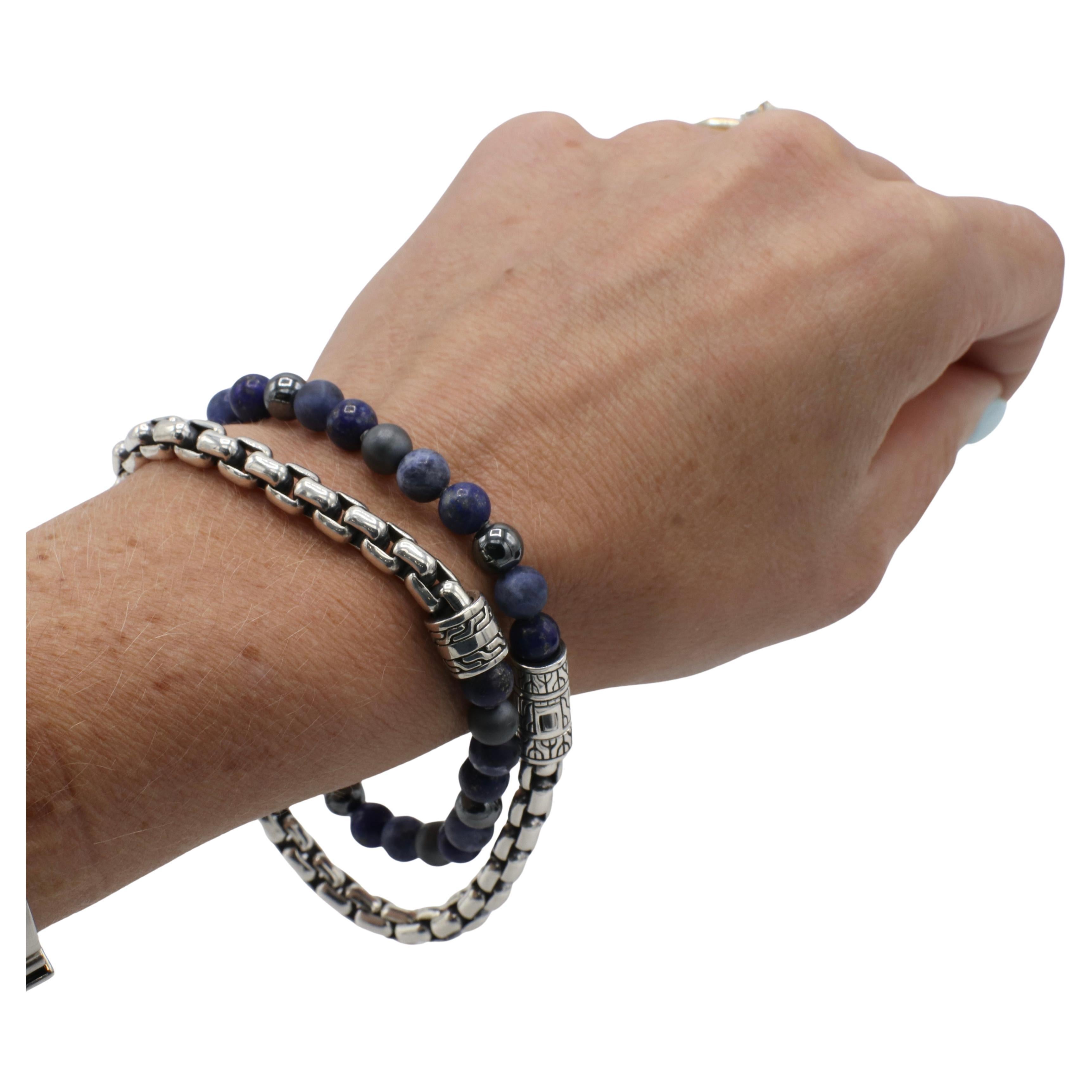 Modern John Hardy Sterling Silver Box Chain Double Wrap Blue Stone Chain Link Bracelet For Sale