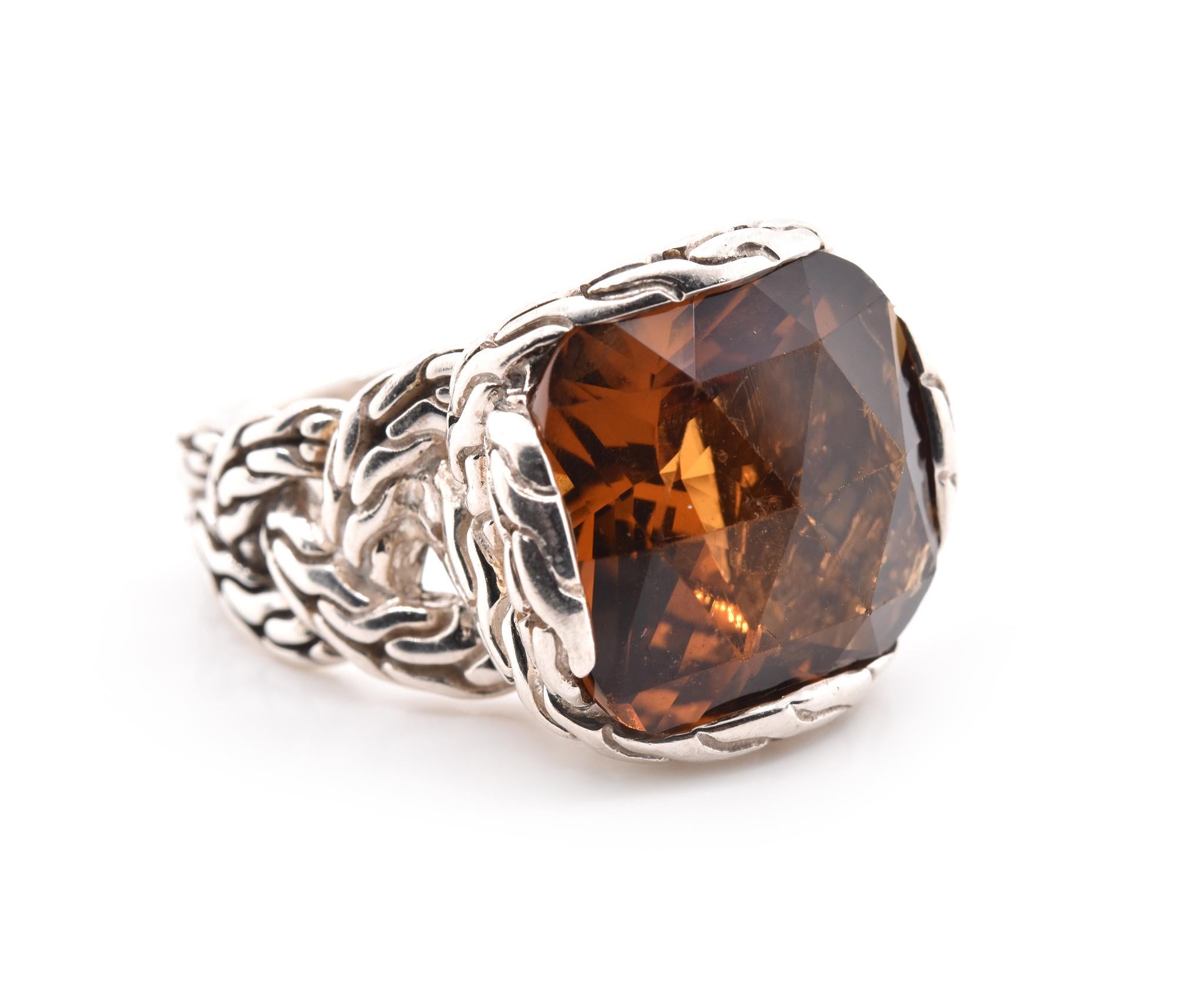 Designer: John Hardy
Material: sterling silver 
Gemstone: brown faceted Citrine
Ring Size: 6 (please allow 1-2 additional business days for sizing)
Dimensions: ring top measures 16.15mm x 16.60mm
Weight: 10.2 grams
